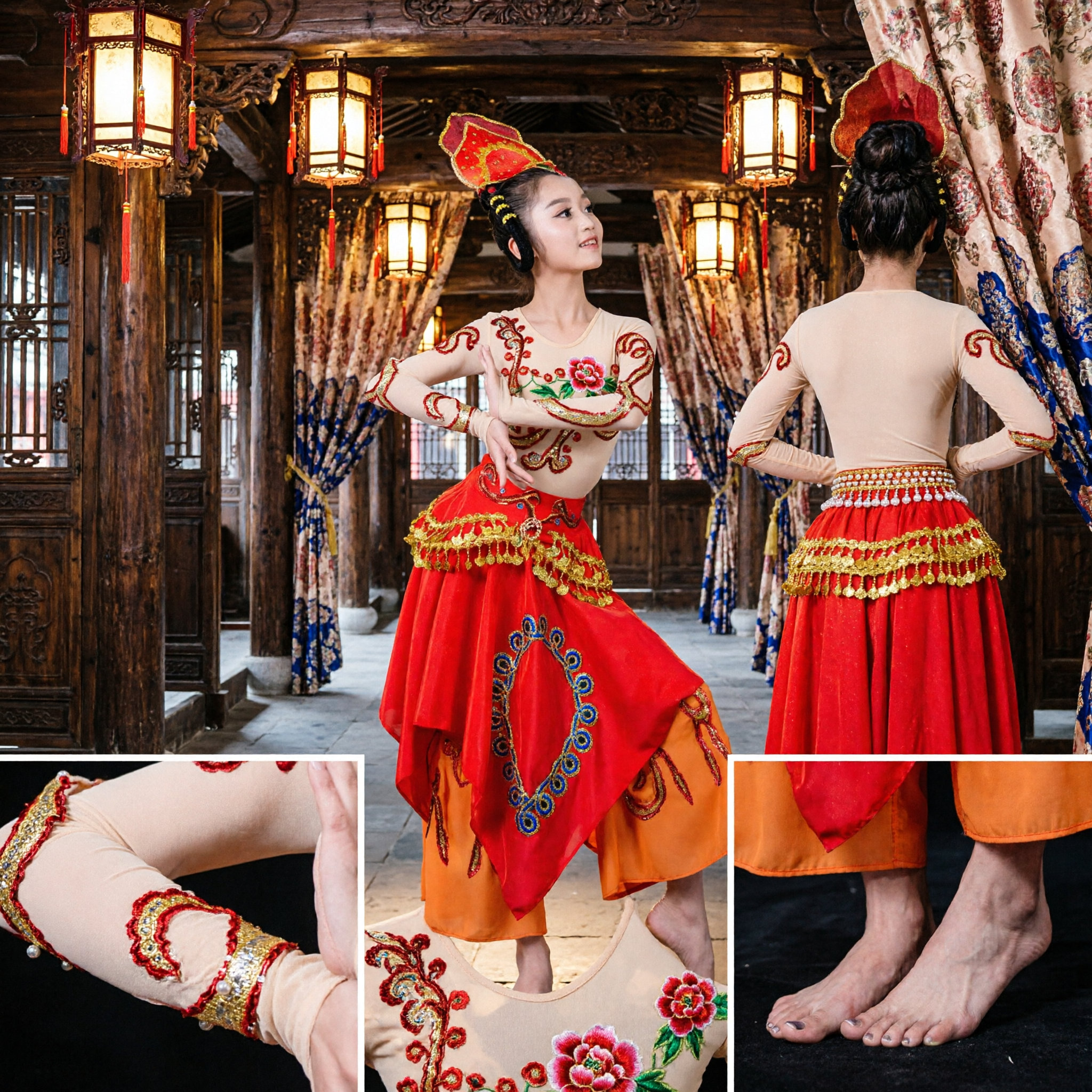 Traditional Chinese Ethnic Dance Costume Red Gold Embroidered Stage Performance Dress for Girls