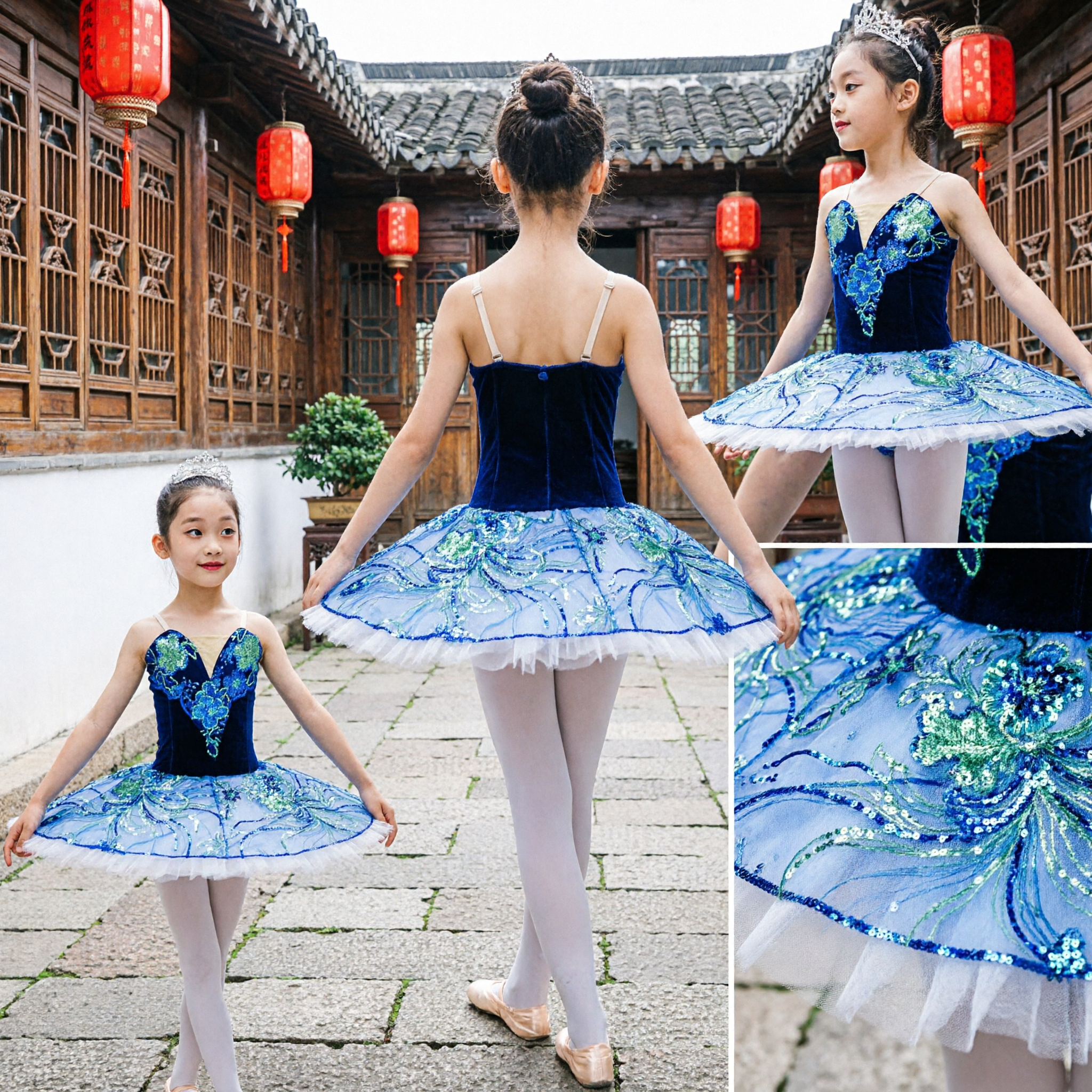 Girls Blue Velvet Ballet Tutu Dress Classical Floral Embroidery Kids Dance Performance Costume