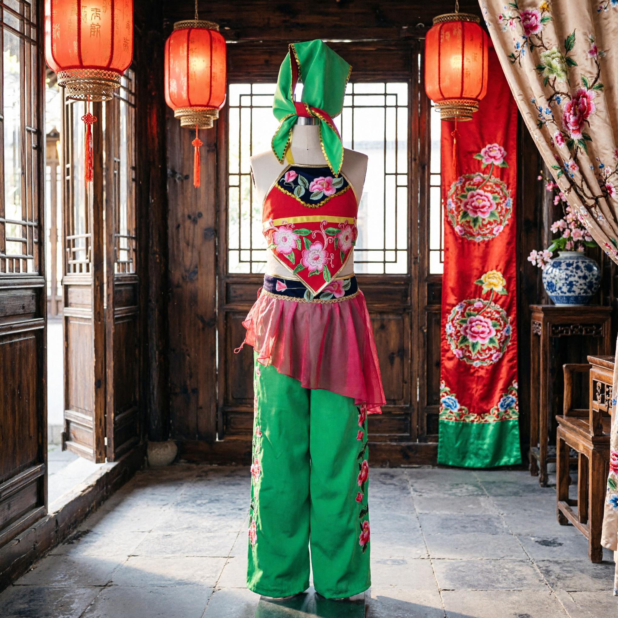 Traditional Chinese Folk Dance Costume Red Green Floral Embroidery Yangge Fan Dance Stage Performance Outfit for Women