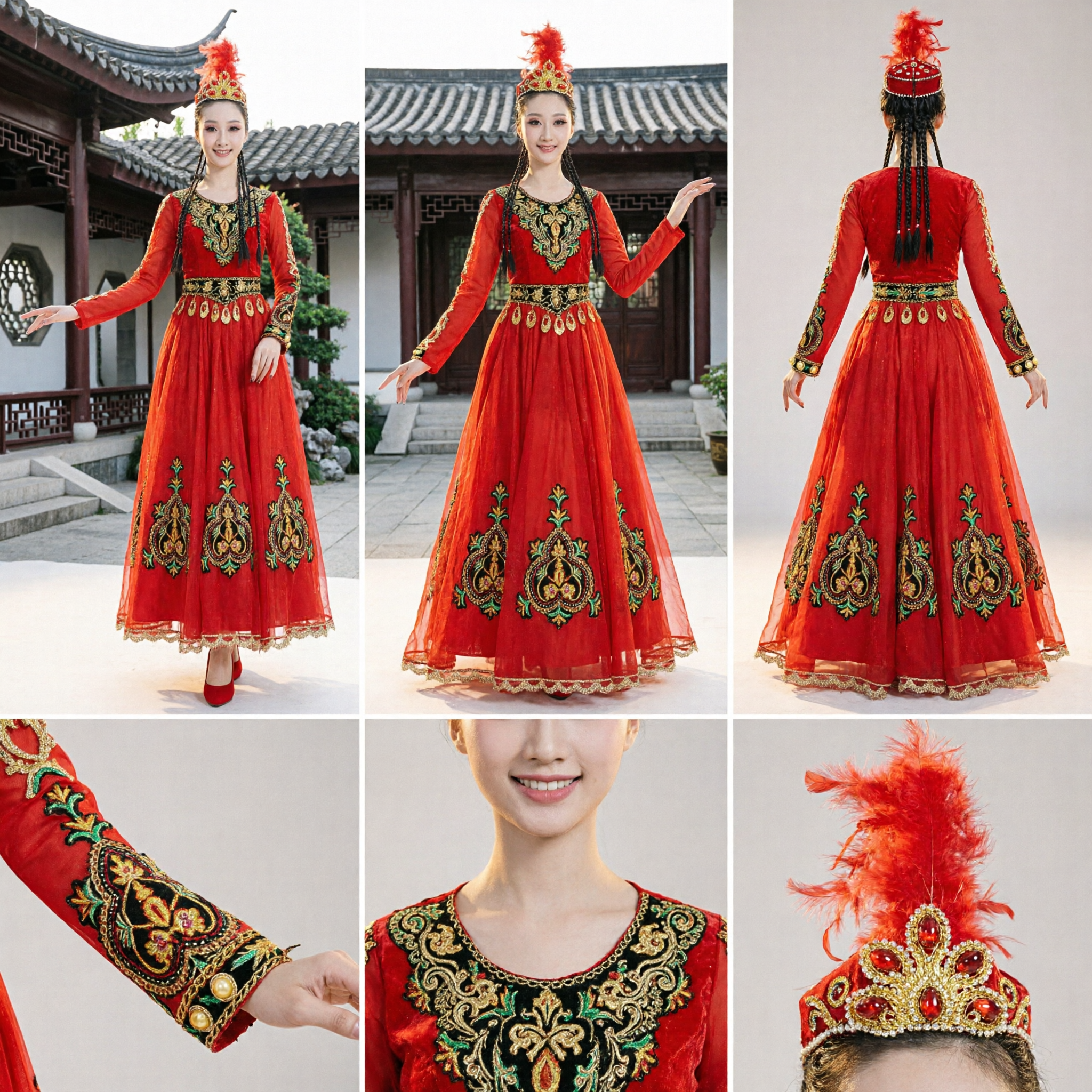 Women's Red Xinjiang Uyghur Traditional Dance Costume Embroidered Ethnic Folk Dress Stage Performance Outfit with Hat
