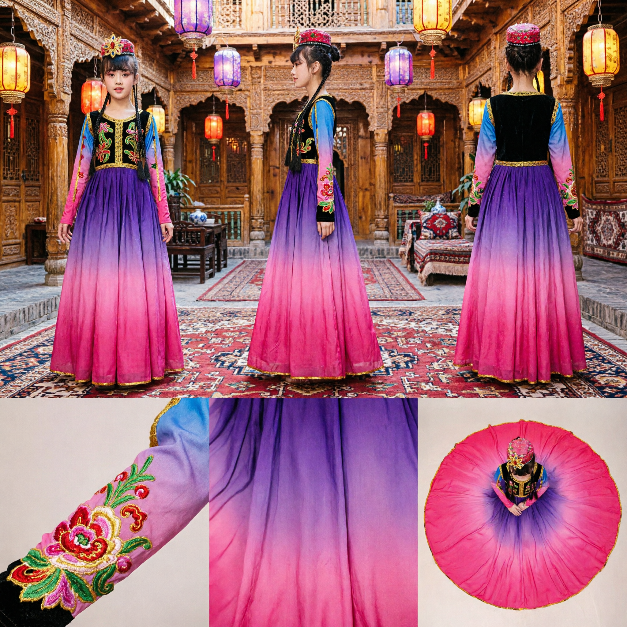 Traditional Uyghur Ethnic Dance Costume for Girls Kids Xinjiang Folk Dress Stage Performance Big Swing Skirt Outfit
