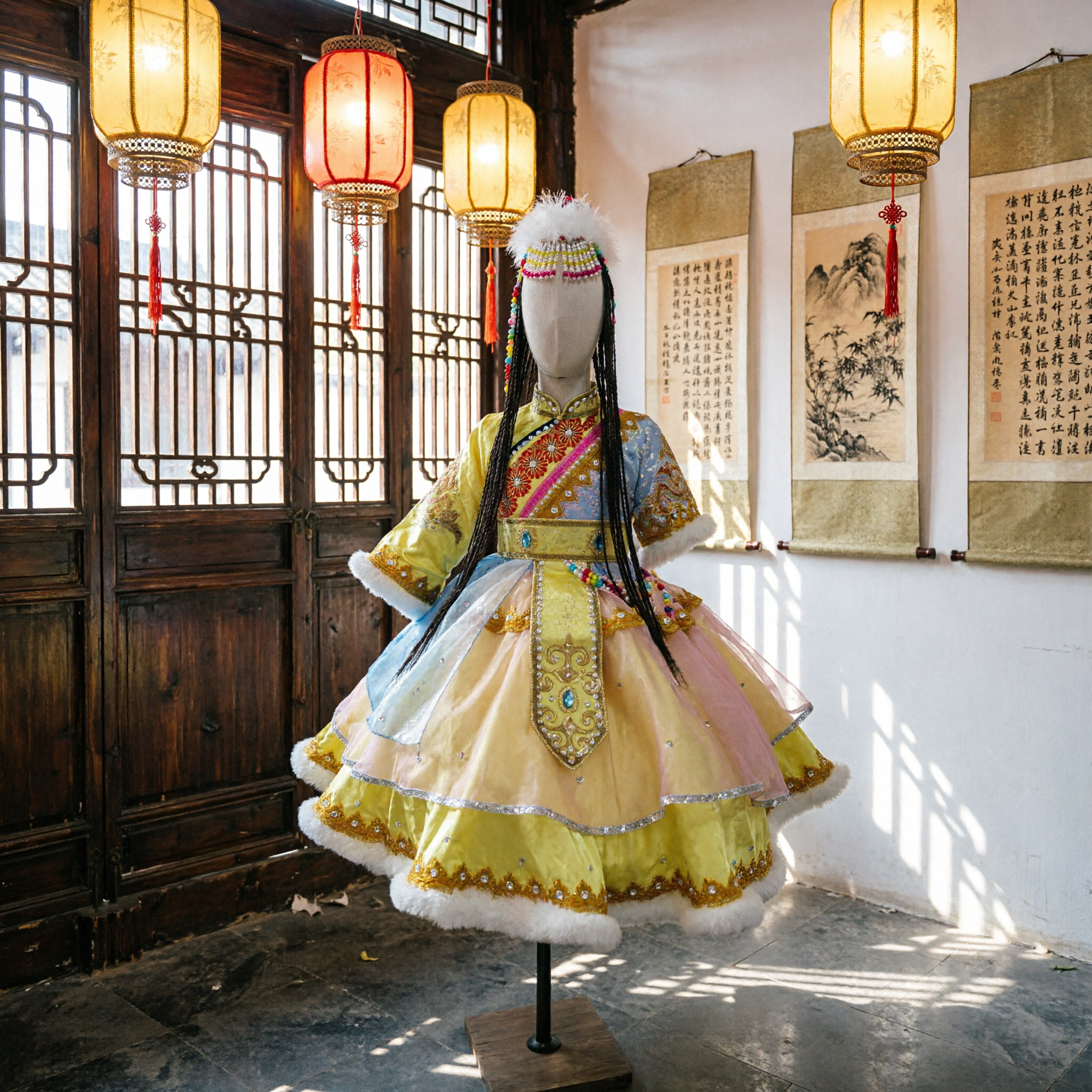 Traditional Chinese Mongolian Dance Costume Yellow and Blue Ethnic Folk Dress for Women Stage Performance