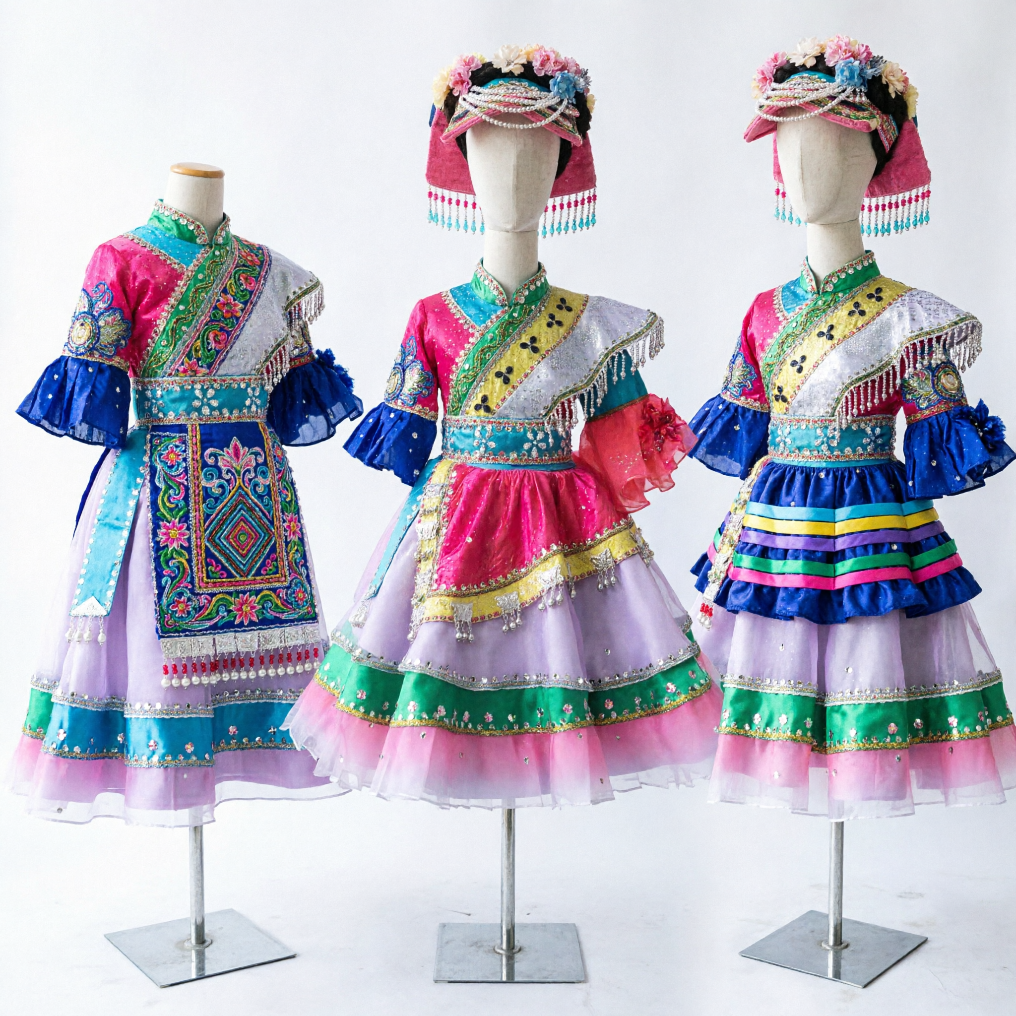 Traditional Chinese Miao Ethnic Minority Folk Dance Costume Embroidered Dress with Headdress for Girls Stage Performance