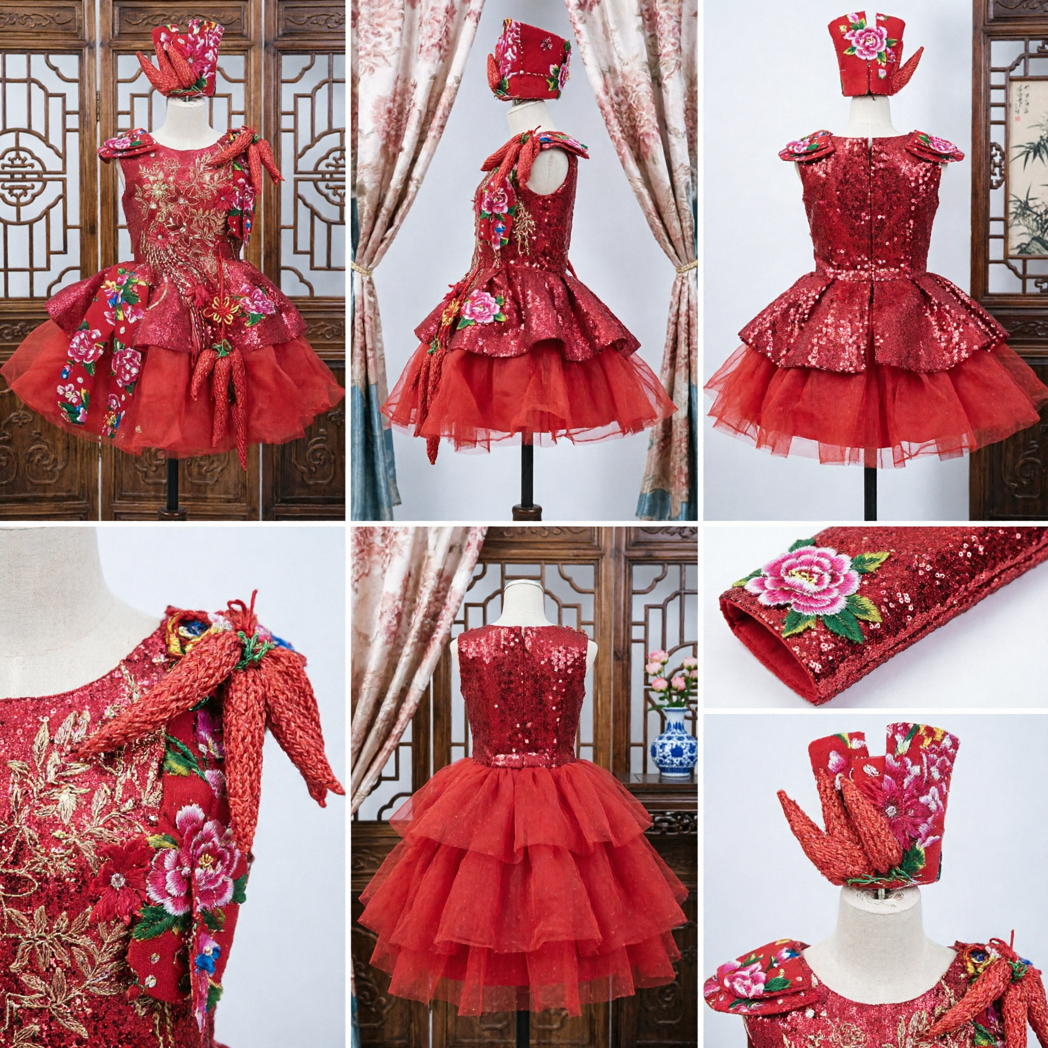 Traditional Chinese Yangge Dance Costume Red Floral Dress with Chili Pepper Hat for Stage Performance