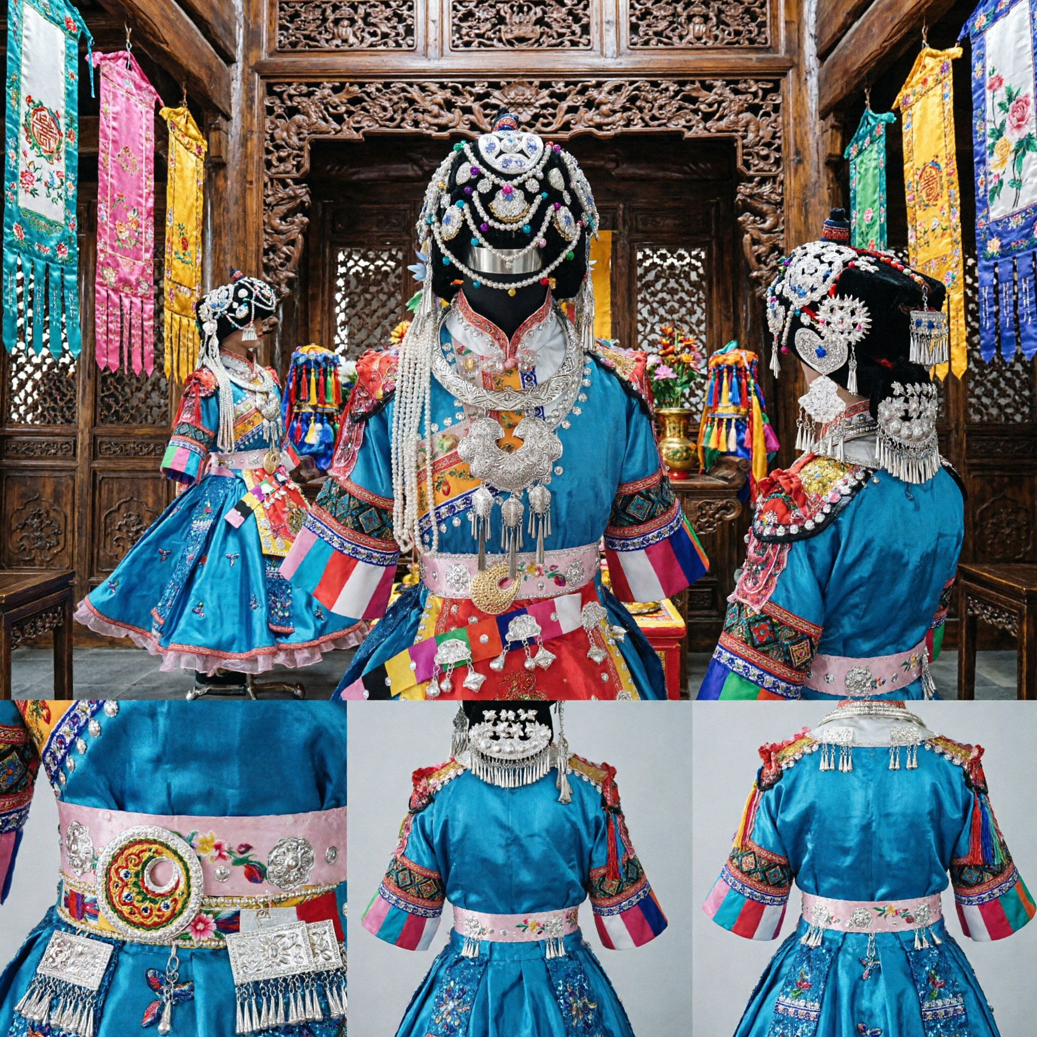 Traditional Chinese Miao Ethnic Minority Blue Satin Dress with Silver Headdress for Stage Dance Performance