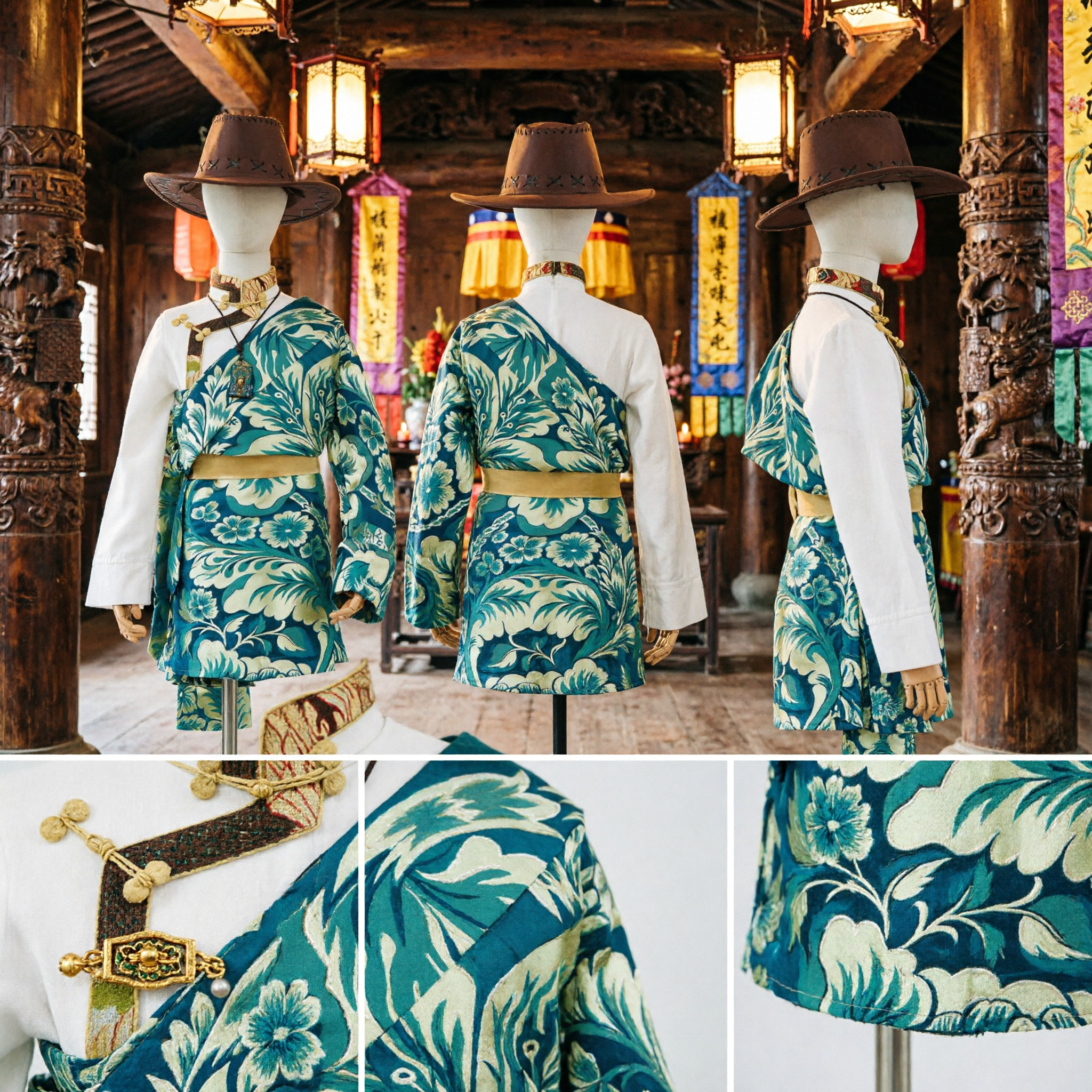 Traditional Tibetan Costume for Children Ethnic Folk Dance Performance Outfit Blue Floral Robe Set with Hat