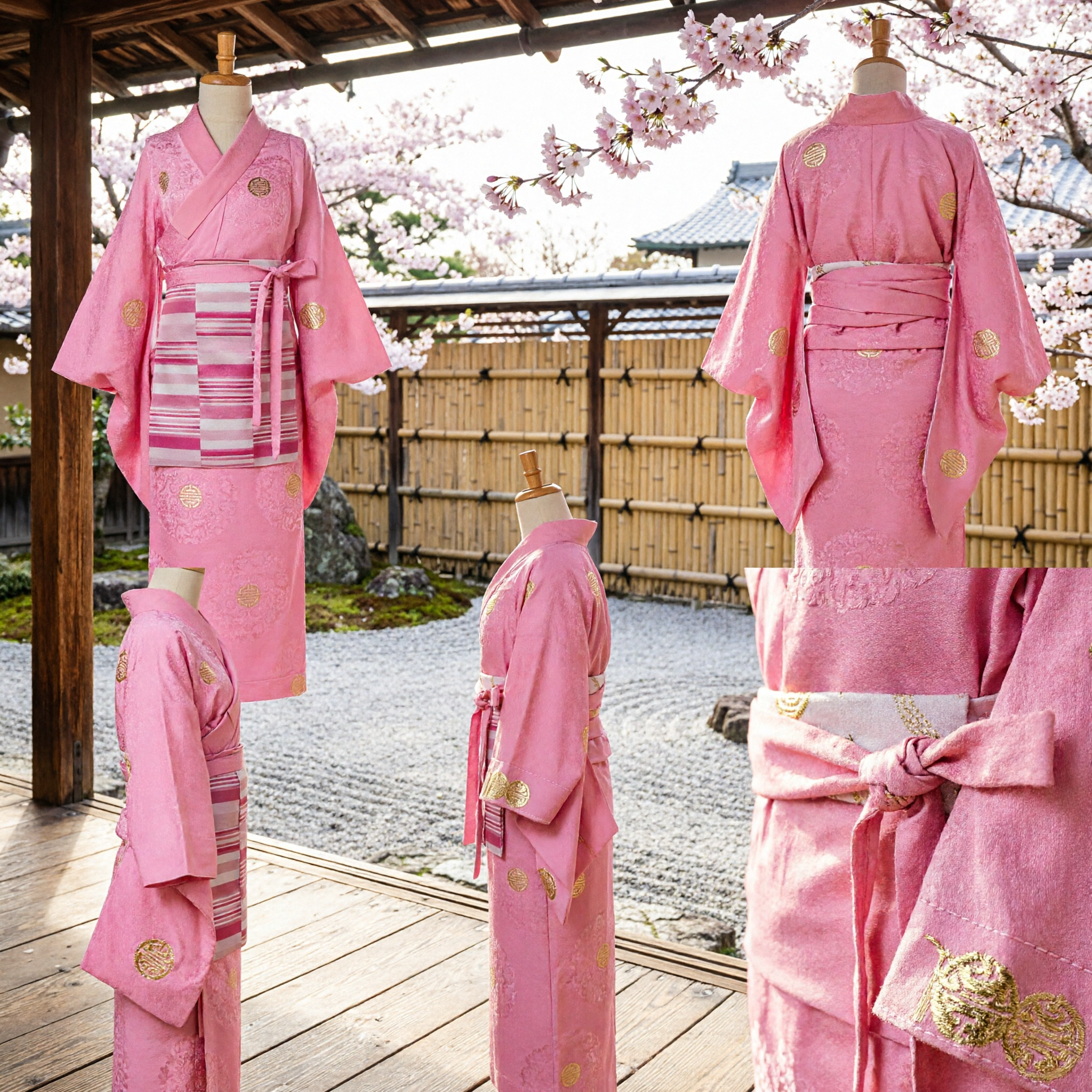 Pink Traditional Japanese Kimono Costume for Women with Striped Sash and Embroidery for Stage Performance