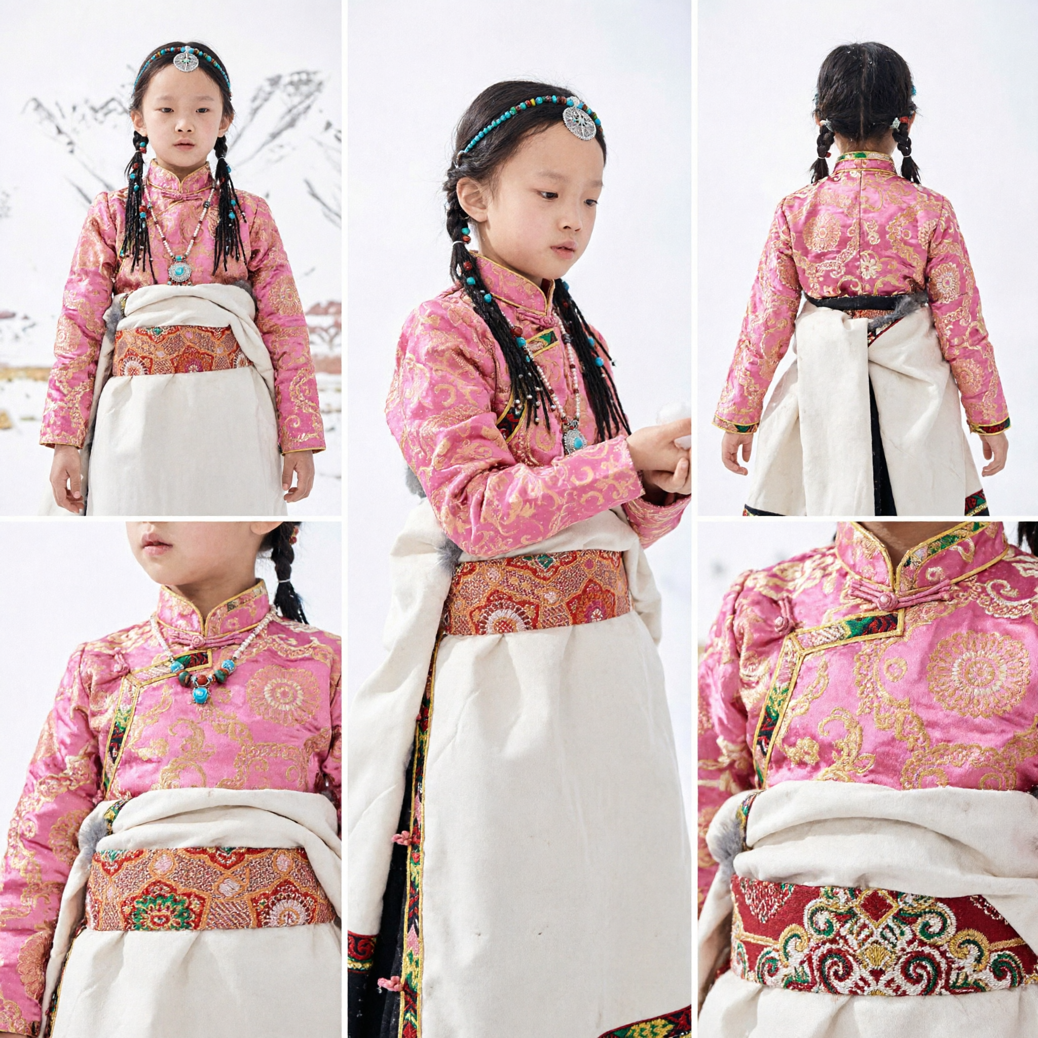 Chinese Traditional Tibetan Ethnic Costume for Girls Kids Pink Brocade Dress Festival Dance Performance