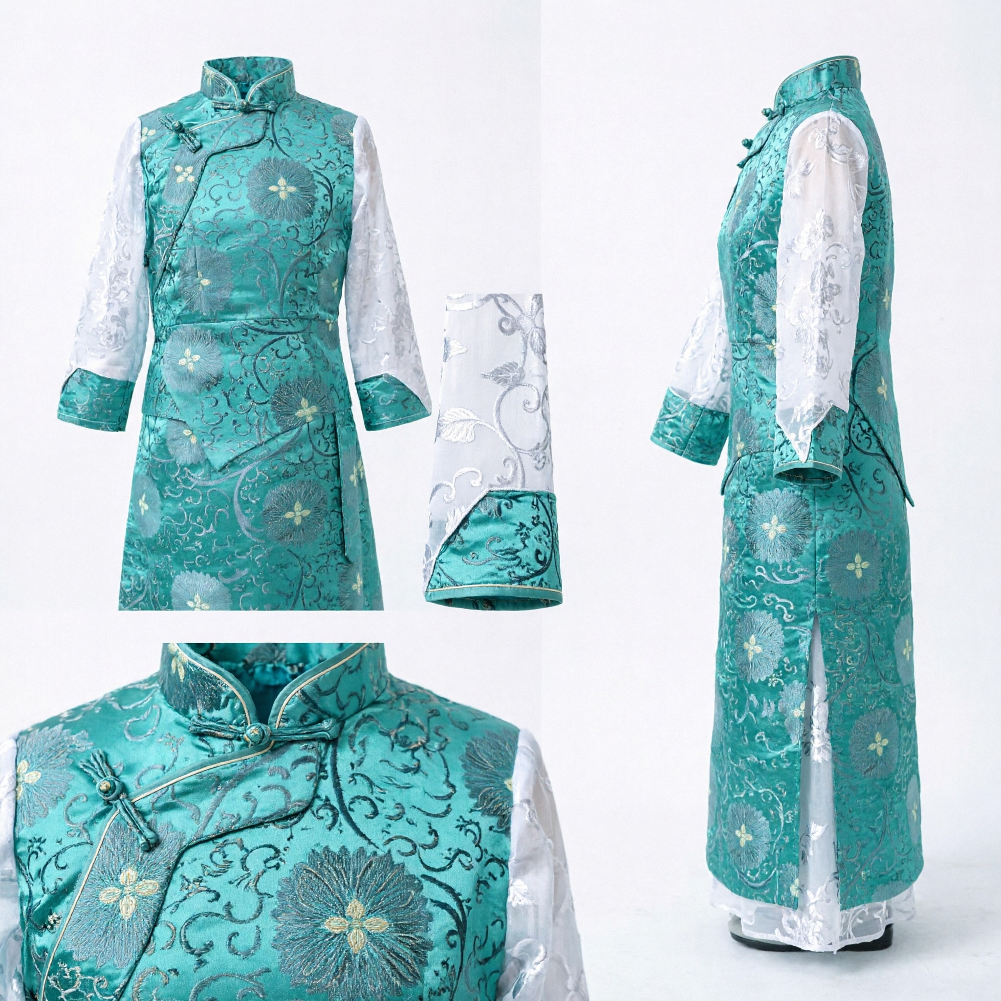 Traditional Chinese Men's Green Brocade Changshan Costume Ancient Scholar Robe Tang Suit for Cosplay and Stage Performance