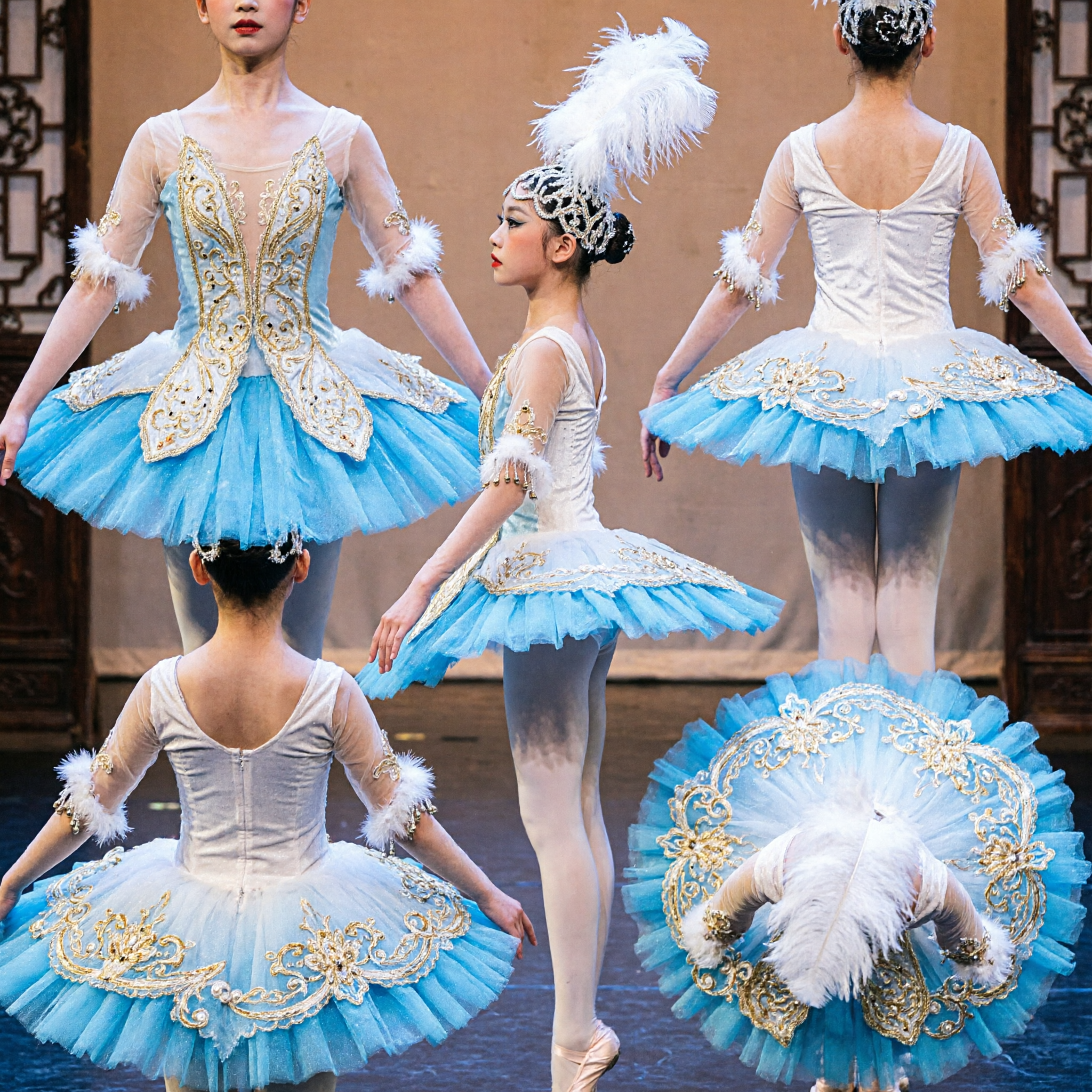 Children Girls Blue White Swan Ballet Dance Costume with Feather Headdress Stage Performance Outfit