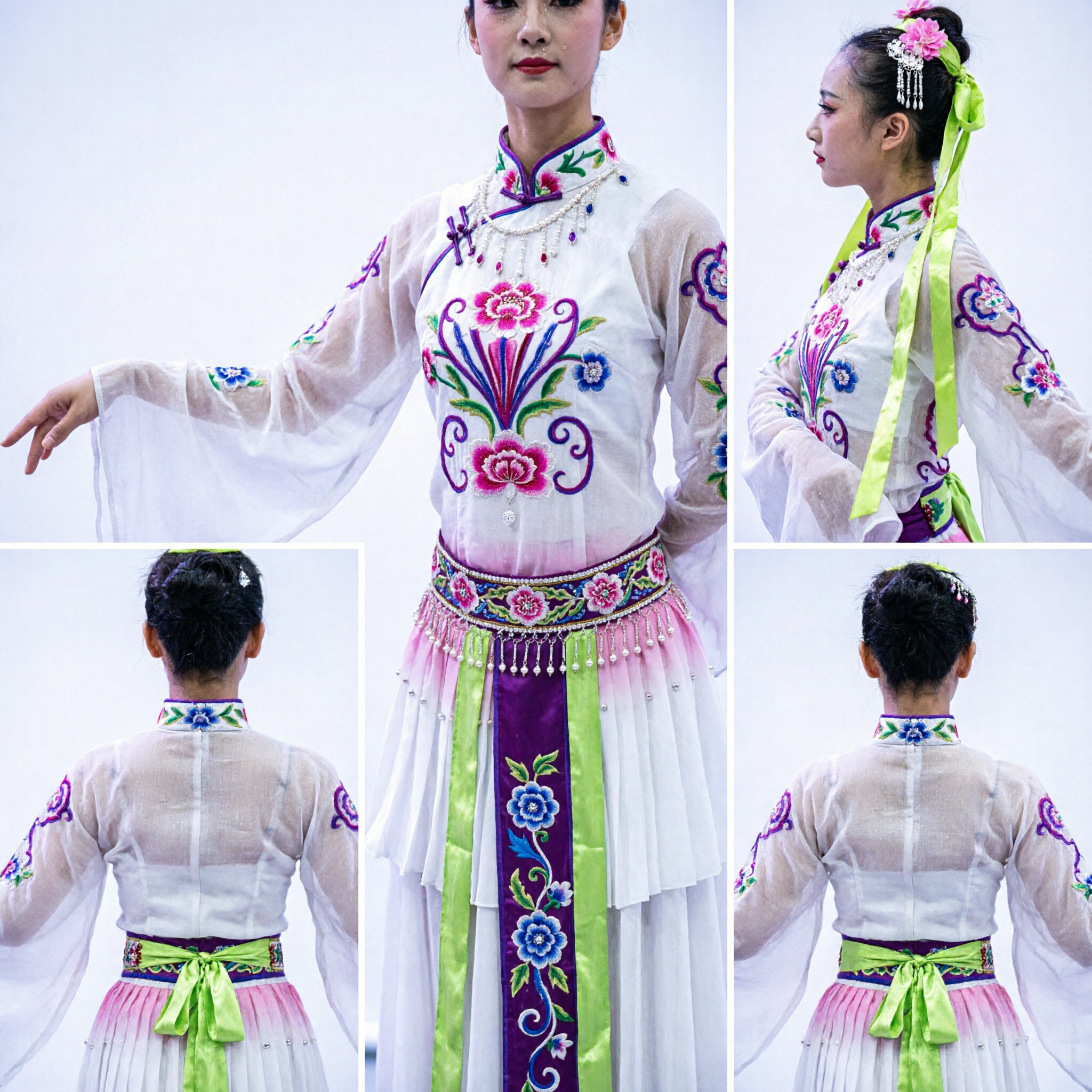 Women's Traditional Chinese Folk Dance Costume White Pink Lotus Flower Dress for Group Stage Performance