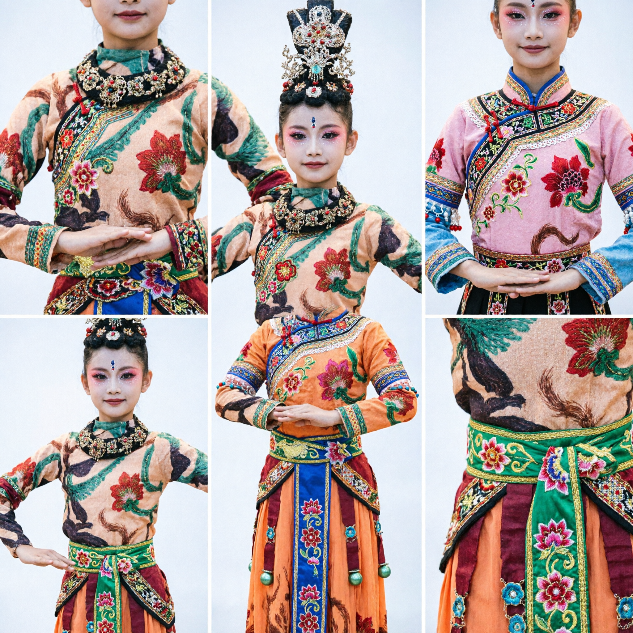 Kids Traditional Chinese Dunhuang Dance Costume Girls Stage Performance Ethnic Folk Dress with Headdress