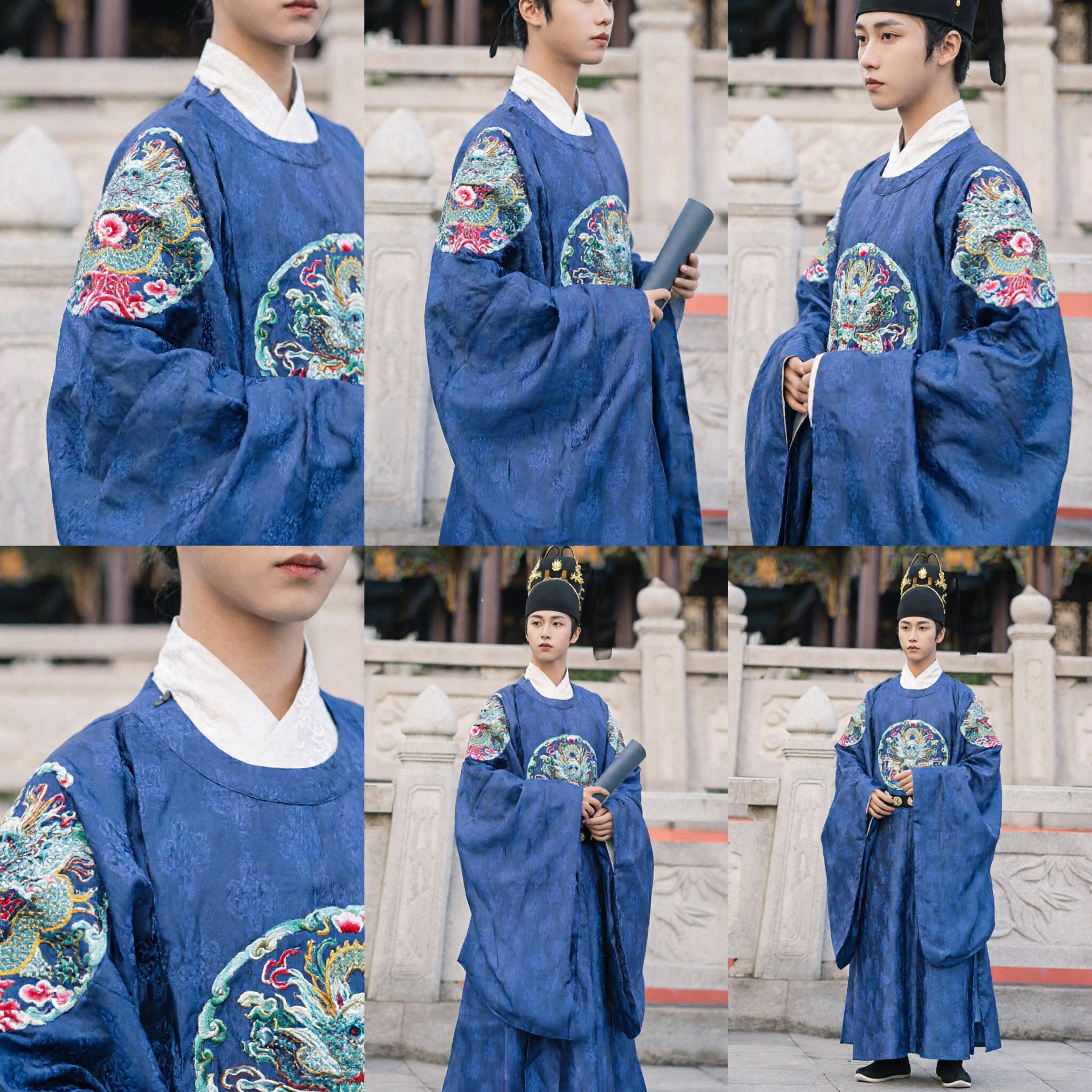 Ancient Chinese Ming Dynasty Official Blue Robe Embroidered Hanfu Traditional Costume for Men Cosplay