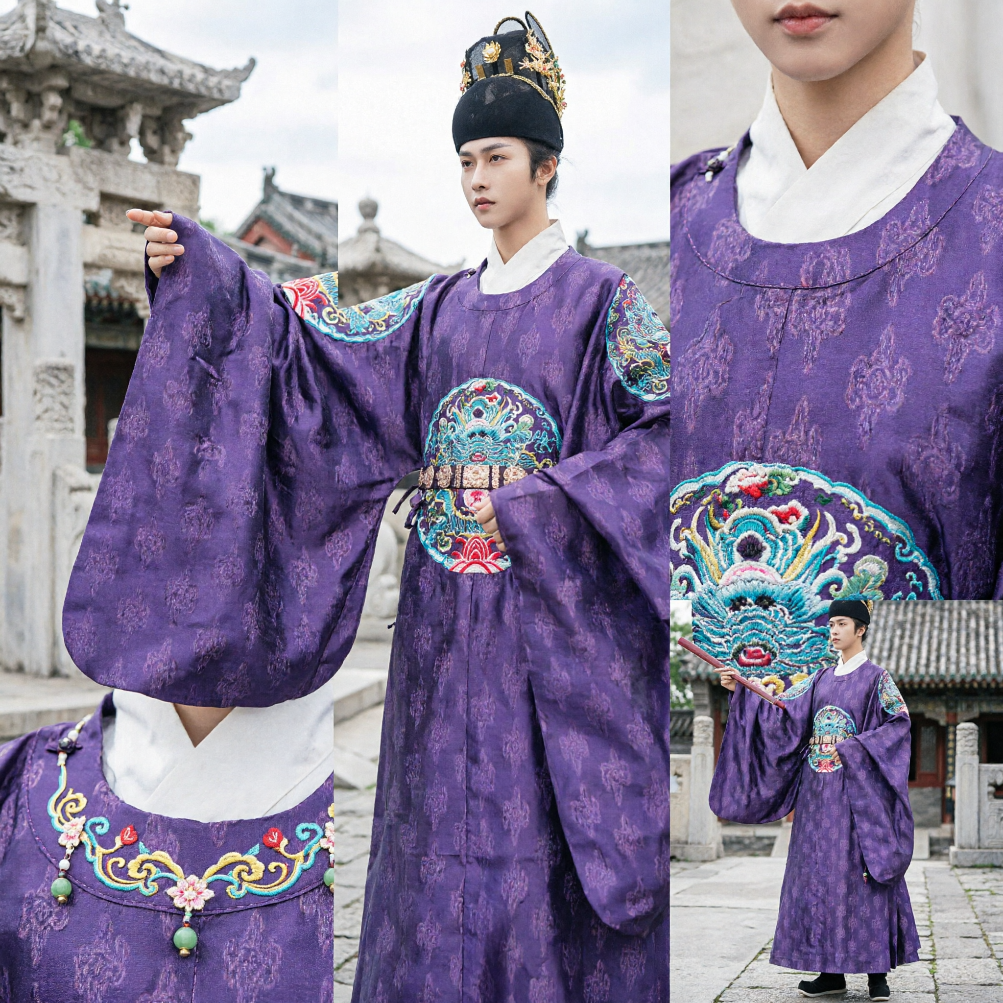 Ancient Chinese Ming Dynasty Purple Prince Hanfu Robe with Dragon Embroidery Men's Historical Cosplay Costume