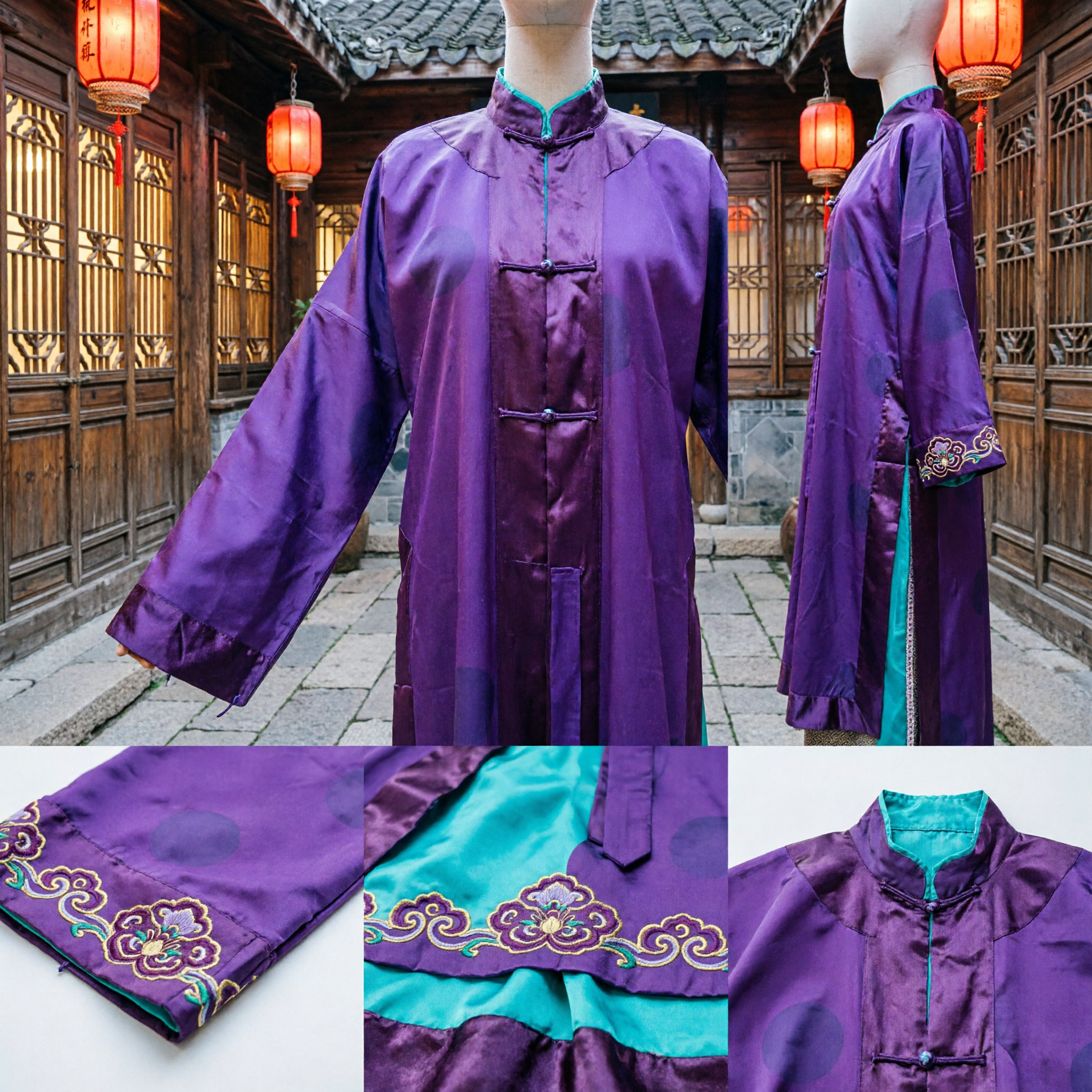 Men's Purple Traditional Chinese Silk Changshan Robe Tang Suit Costume for Kung Fu Tai Chi Performance