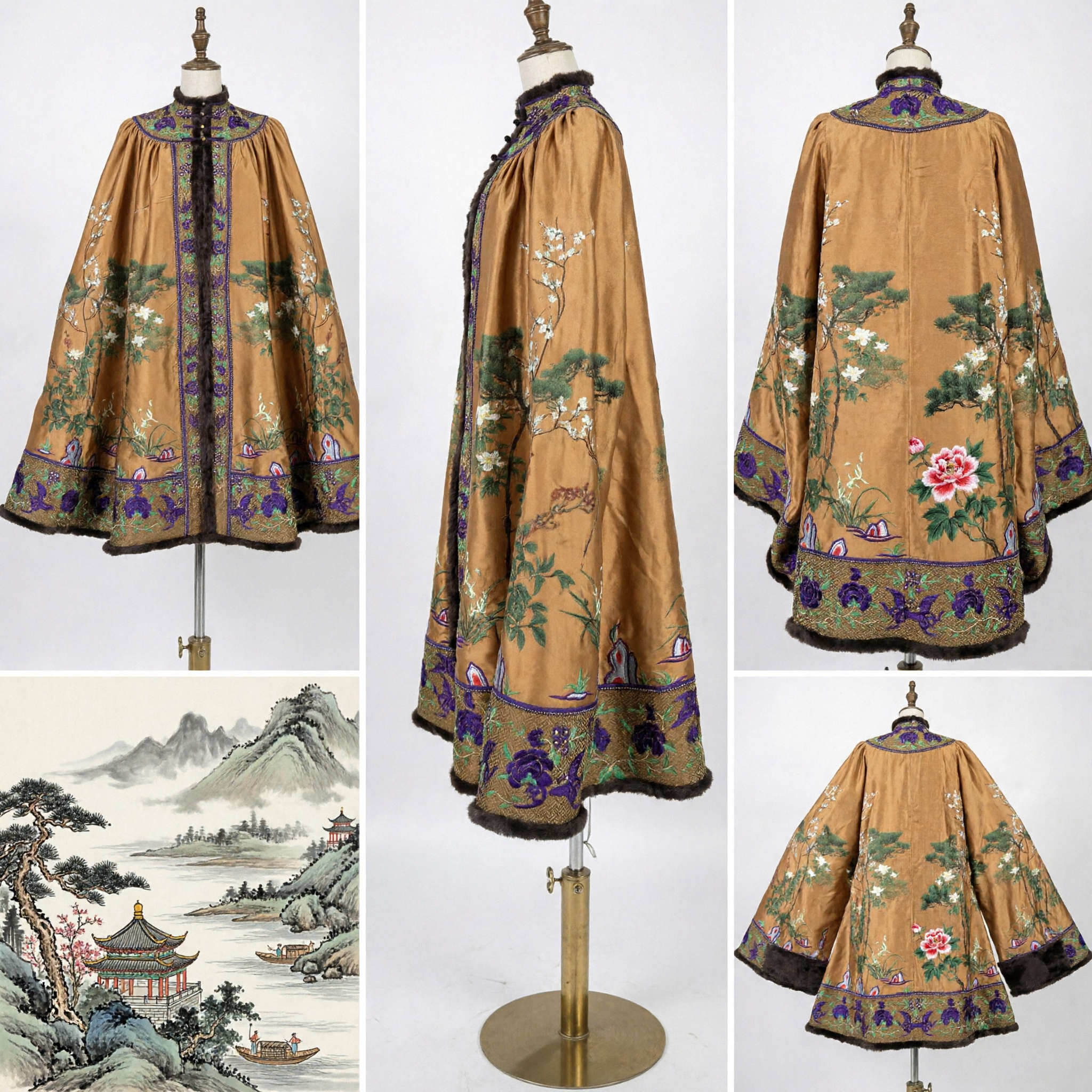Traditional Chinese Qing Dynasty Golden Embroidered Silk Cape Cloak with Fur Trim Hanfu Costume for Women
