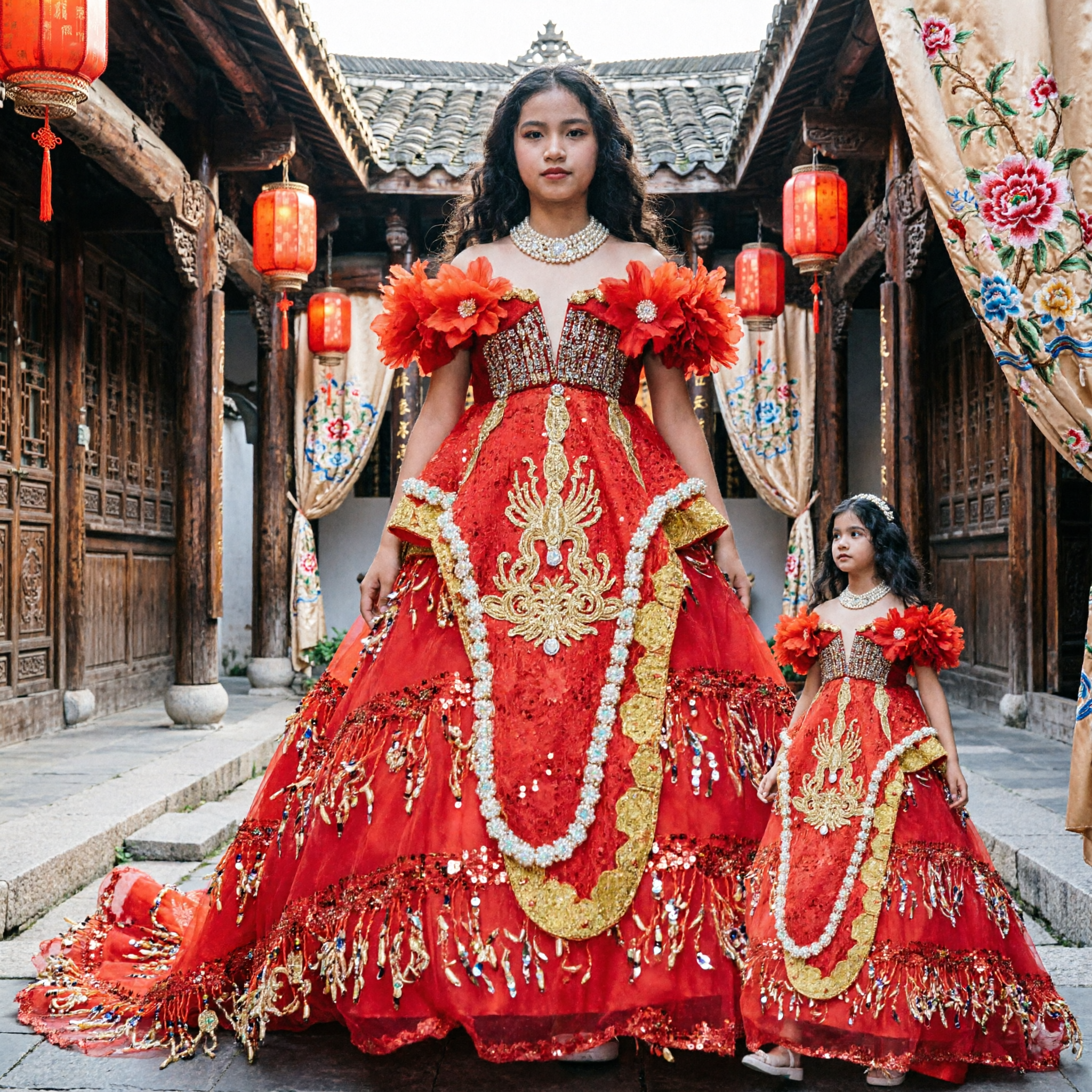 Kids Girls Red Stage Performance Ballgown Traditional Chinese Formal Dress with Gold Sequins and Ruffles