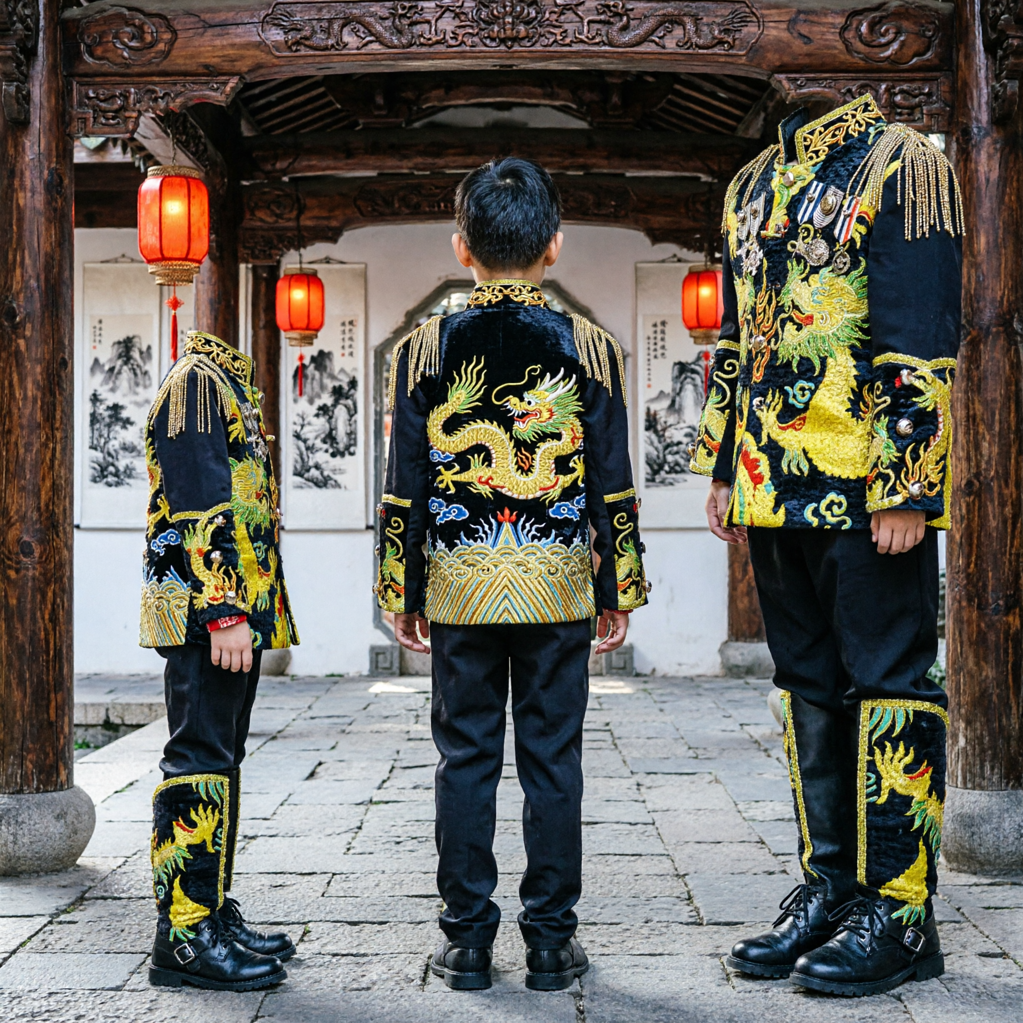 Boys Traditional Chinese Dragon Embroidery Tang Suit Black Gold Formal Costume for Kids Stage Performance