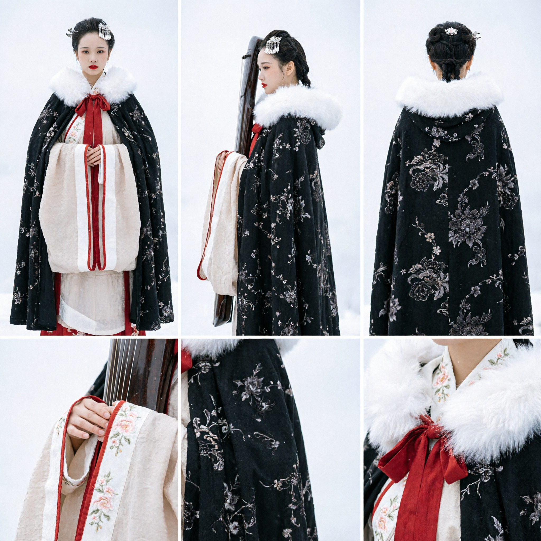 Ancient Chinese Hanfu Winter Cloak Black Cape with White Fur Collar Traditional Costume for Women