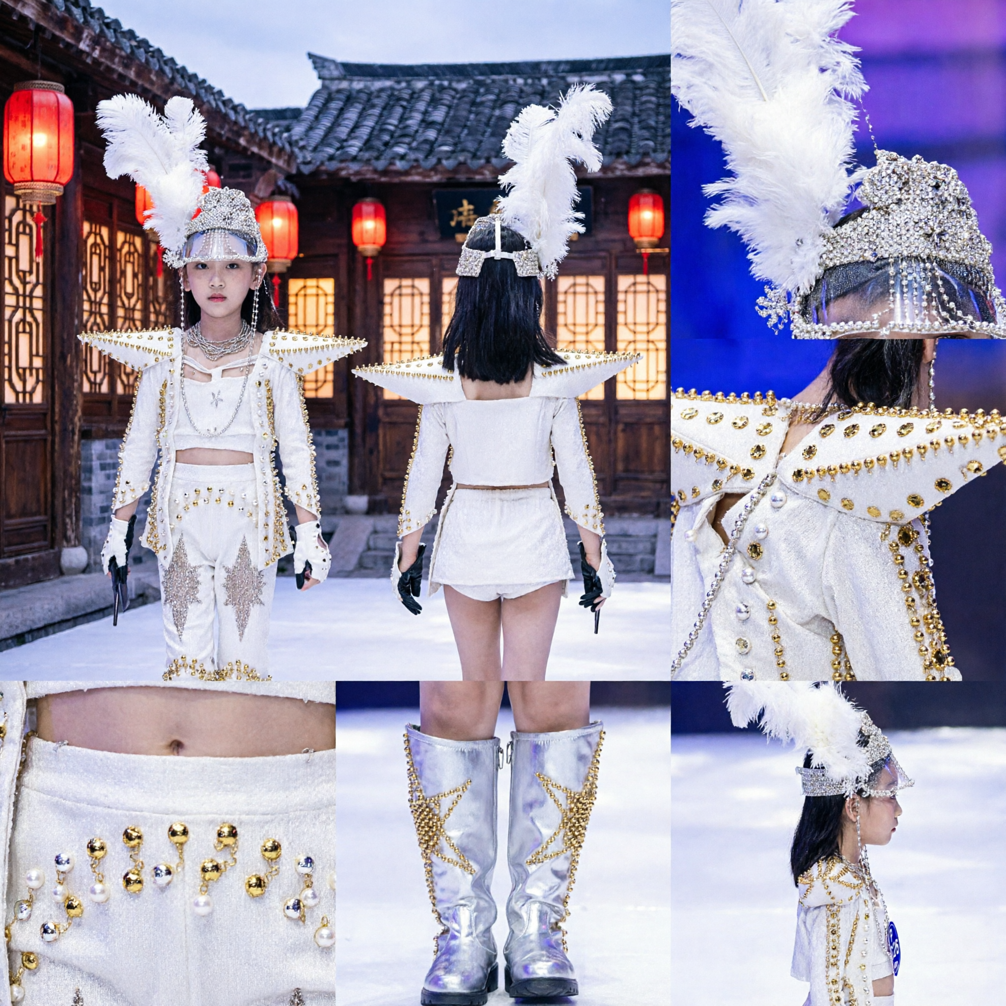 Children White Sequined Stage Outfit with Feather Headdress for Fashion Show and Talent Competition