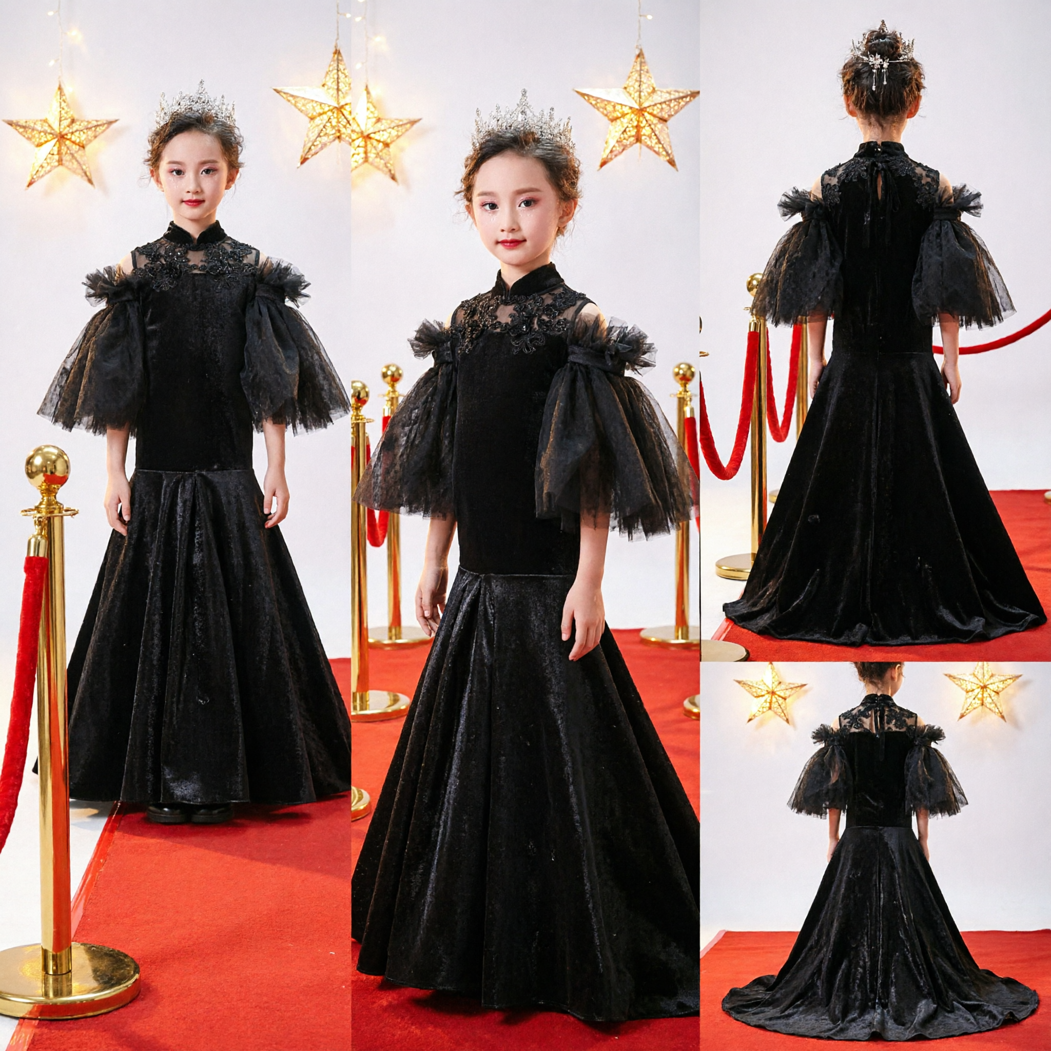 Elegant Black Formal Evening Gown for Girls Kids Pageant Dress with Lace High Neck and Puffy Sleeves