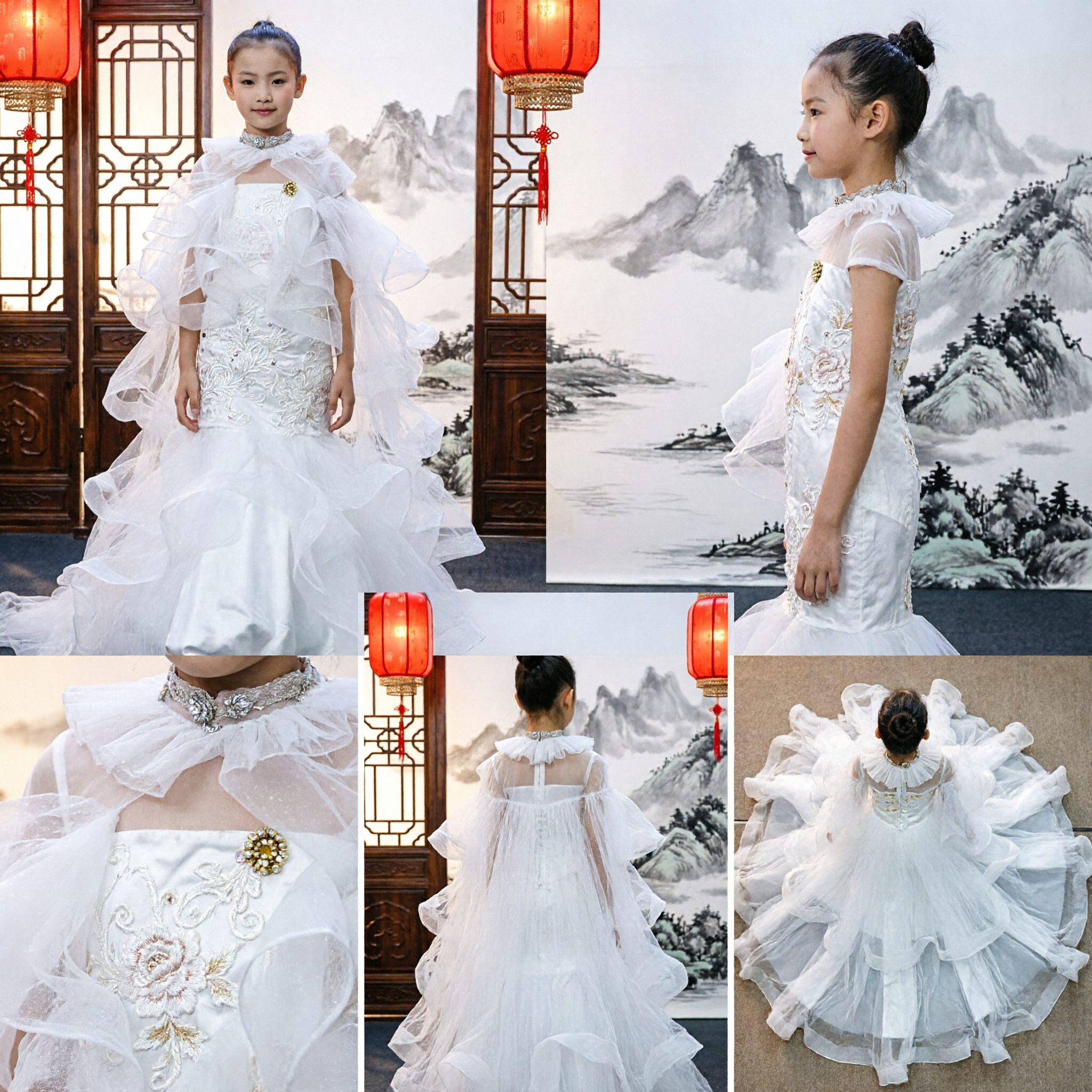 Elegant White Ruffled Tulle Princess Dress for Girls Kids Wedding Gown Stage Performance Costume