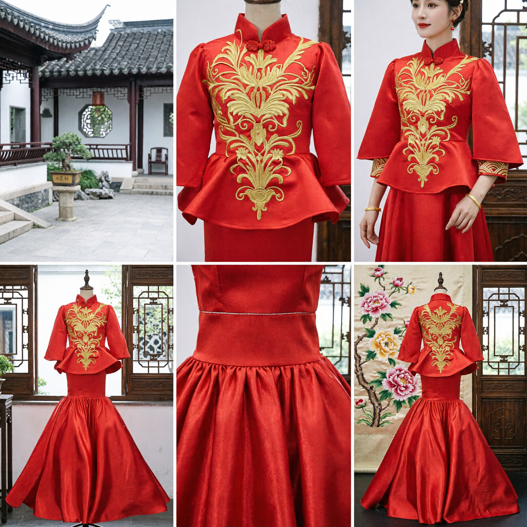 Traditional Chinese Wedding Dress Red Xiuhe Suit Gold Embroidery Bride Toast Dress Formal Evening Gown