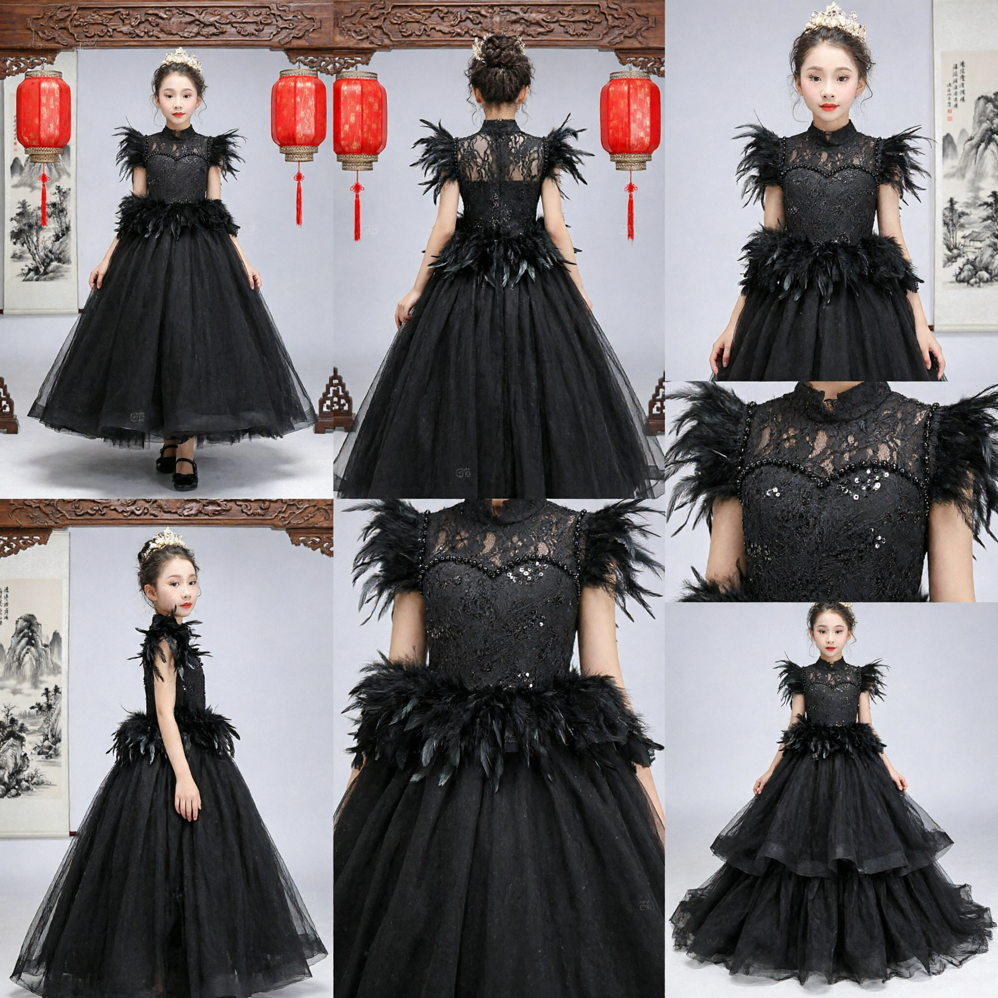 Elegant Black Feather Tulle Kids Dress for Pageant Wedding Flower Girl Formal Evening Gown
