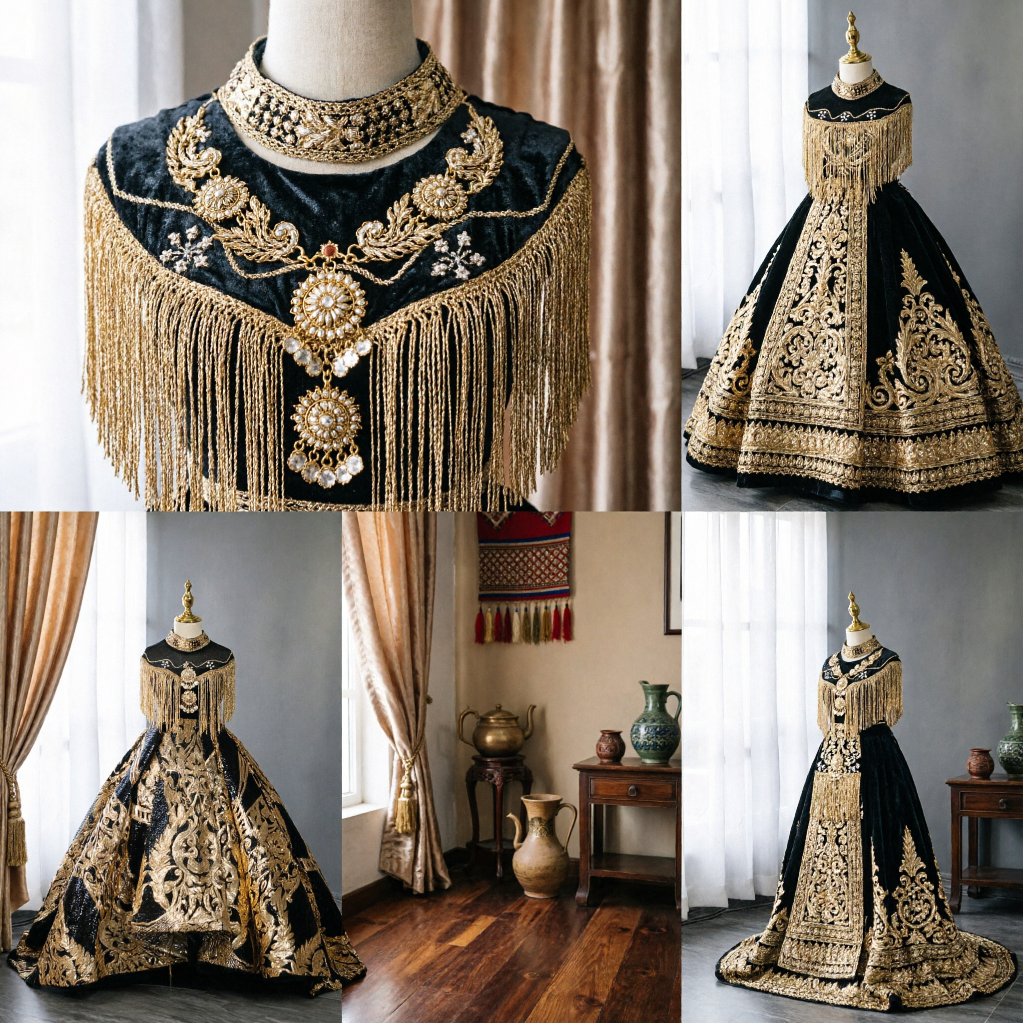 Women's Traditional Chinese Stage Performance Dress Black Velvet Gown with Gold Embroidery and Fringe