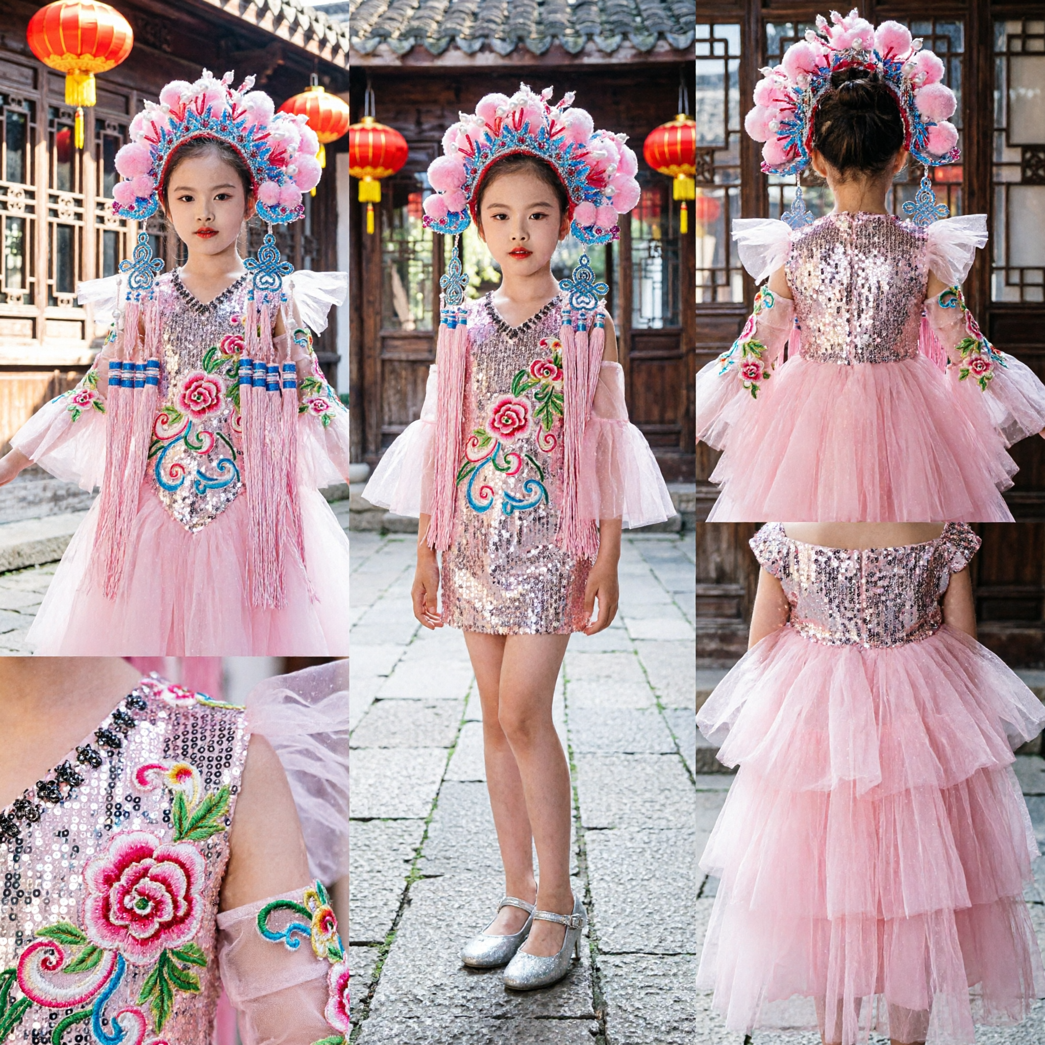 Kids Chinese Traditional Peking Opera Costume Pink Tulle Ballgown Stage Performance Dress with Headpiece for Girls