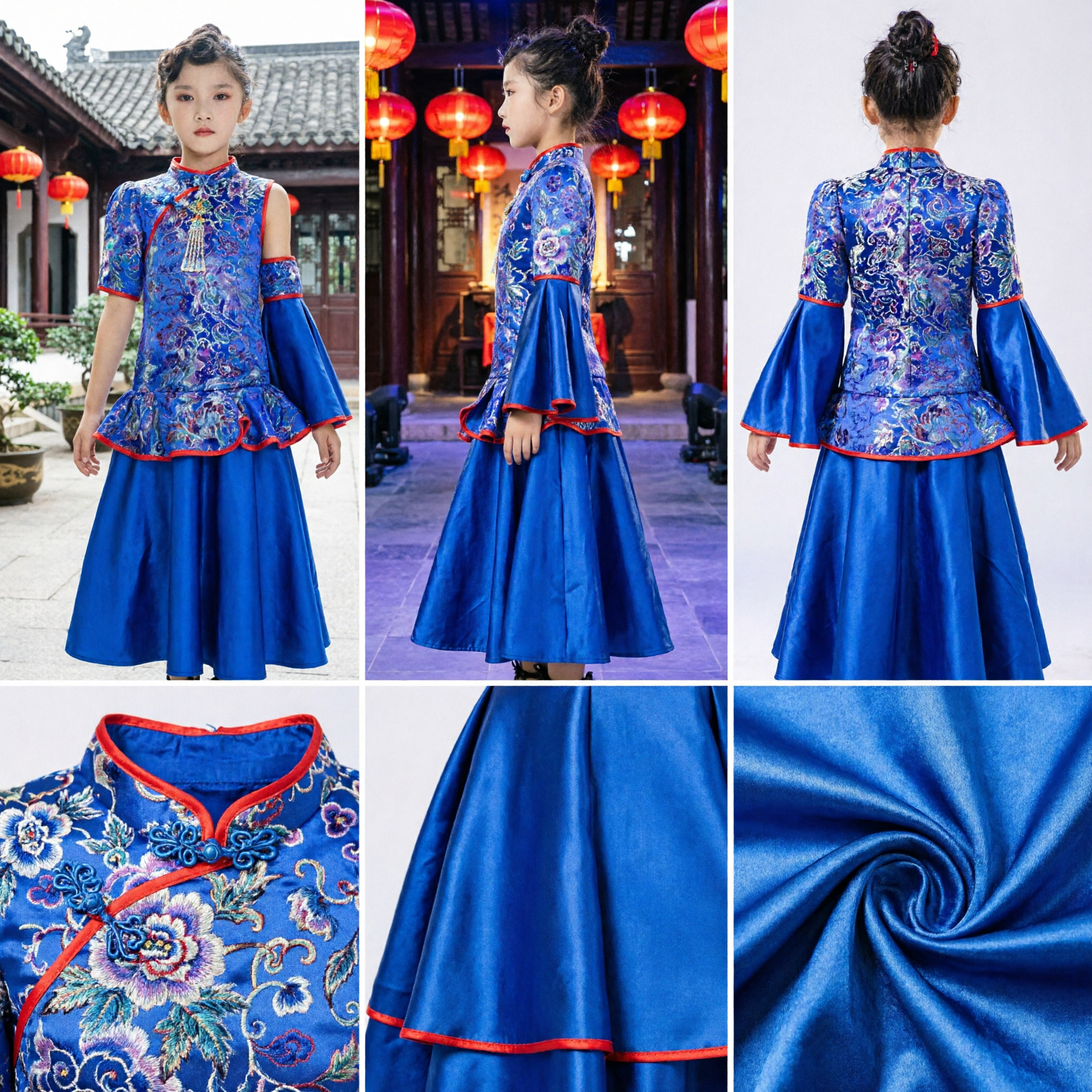 Girls Blue Floral Chinese Qipao Dress Traditional Cheongsam Stage Performance Costume High Low Skirt for Kids
