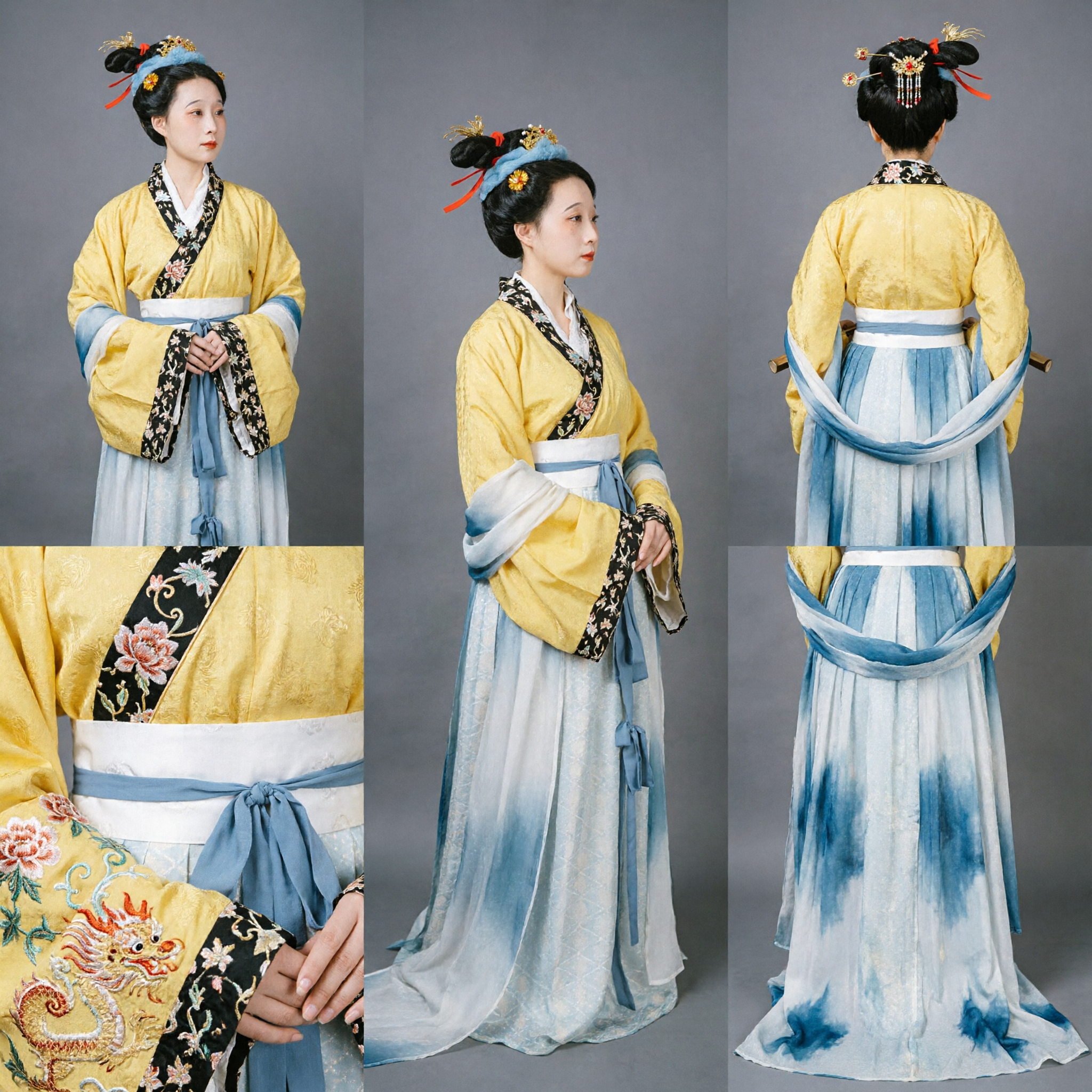 Elegant Traditional Chinese Hanfu Costume for Women Yellow Upper Garment Blue Gradient Skirt Ancient Dress