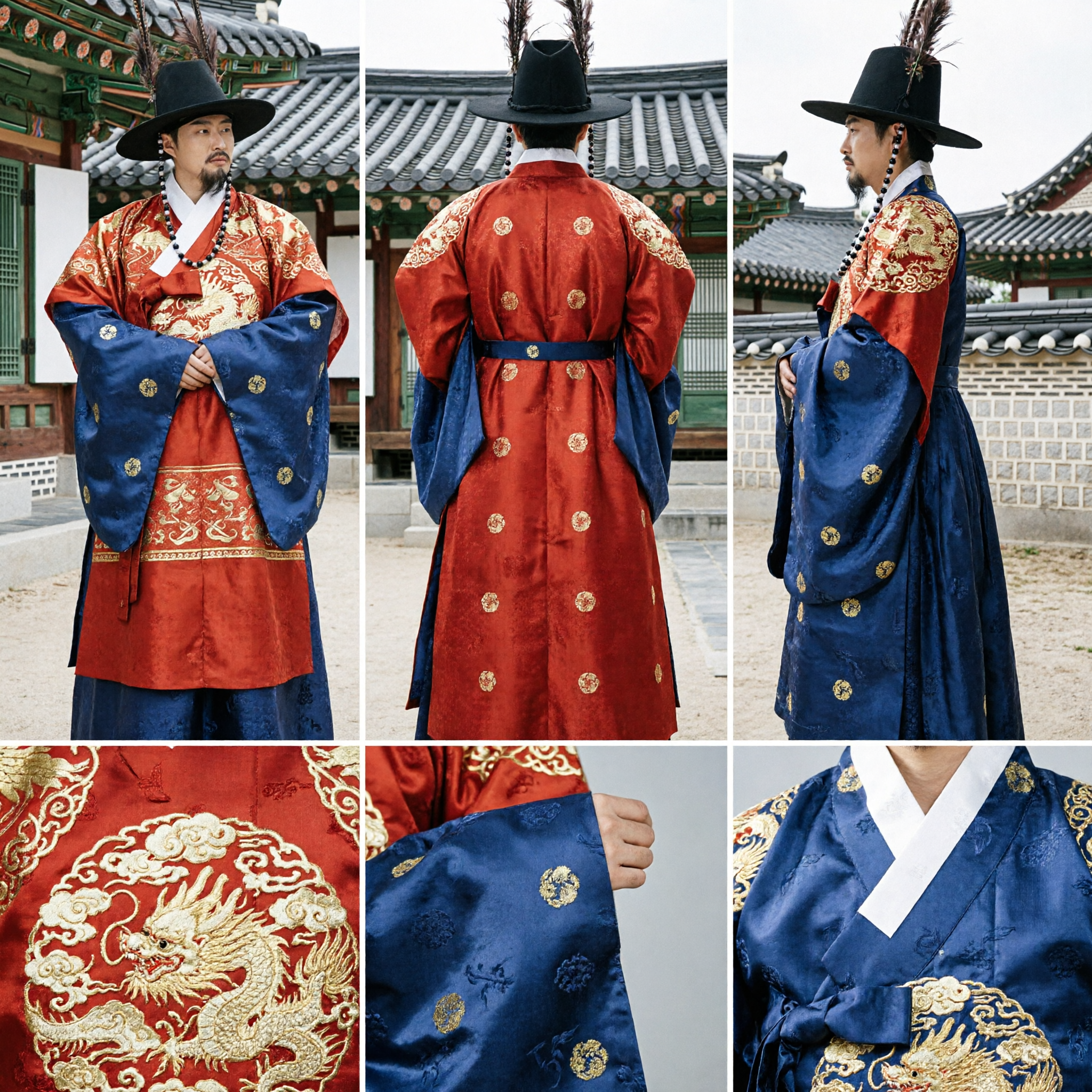 Men's Traditional Korean Hanbok Ancient Official Costume Red Robe and Black Hat for Historical Cosplay and Photography