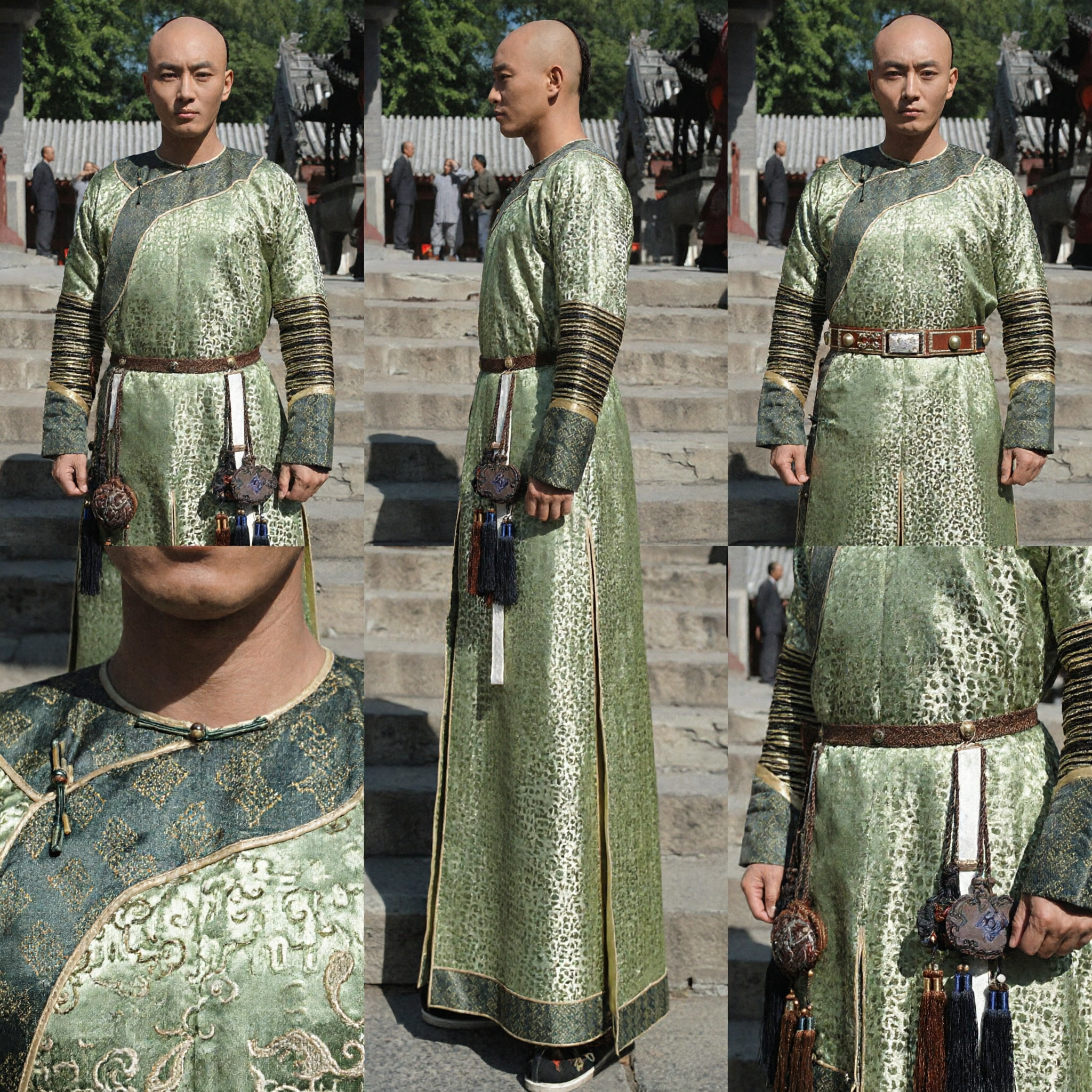 Traditional Qing Dynasty Manchu Prince Robe Green Patterned Changpao Historical Cosplay Costume for Men