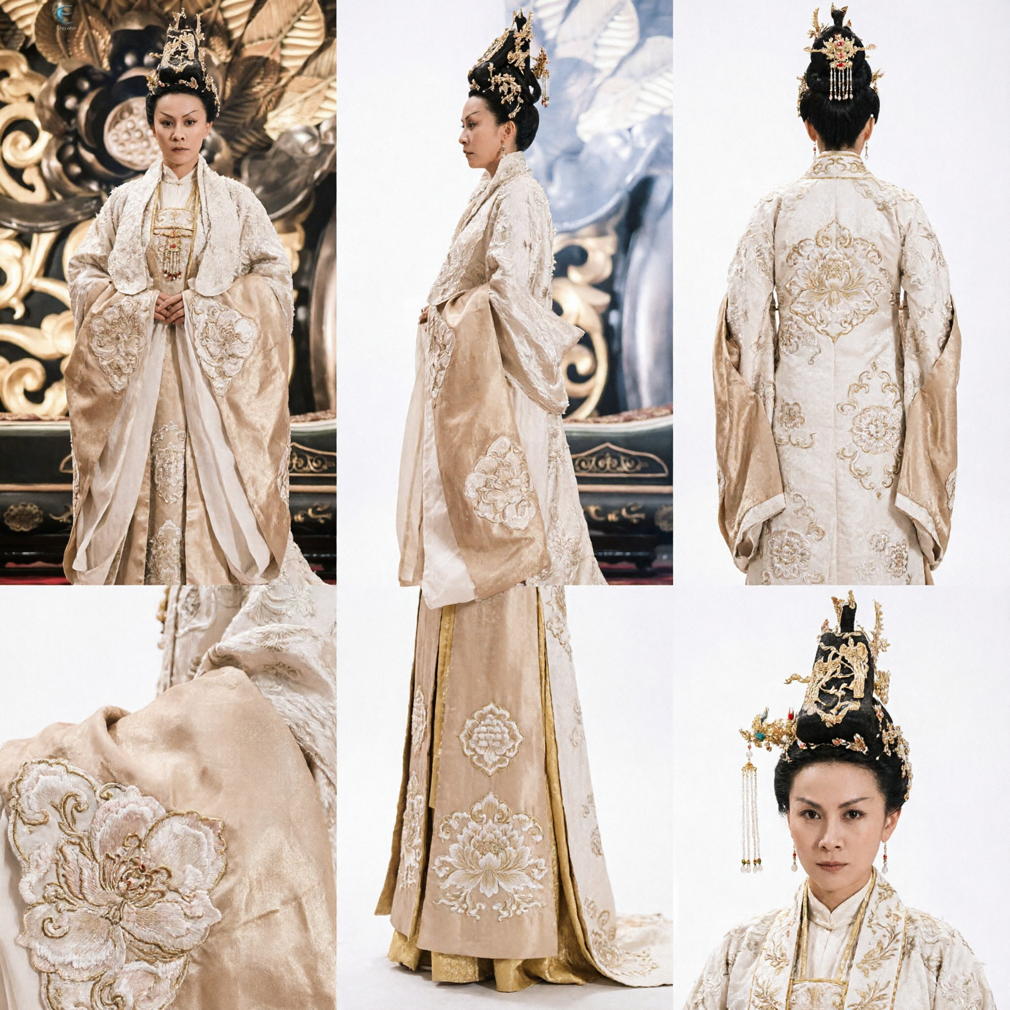 Elegant Ancient Chinese Empress Costume White Gold Embroidered Hanfu Robe for Women Cosplay Performance