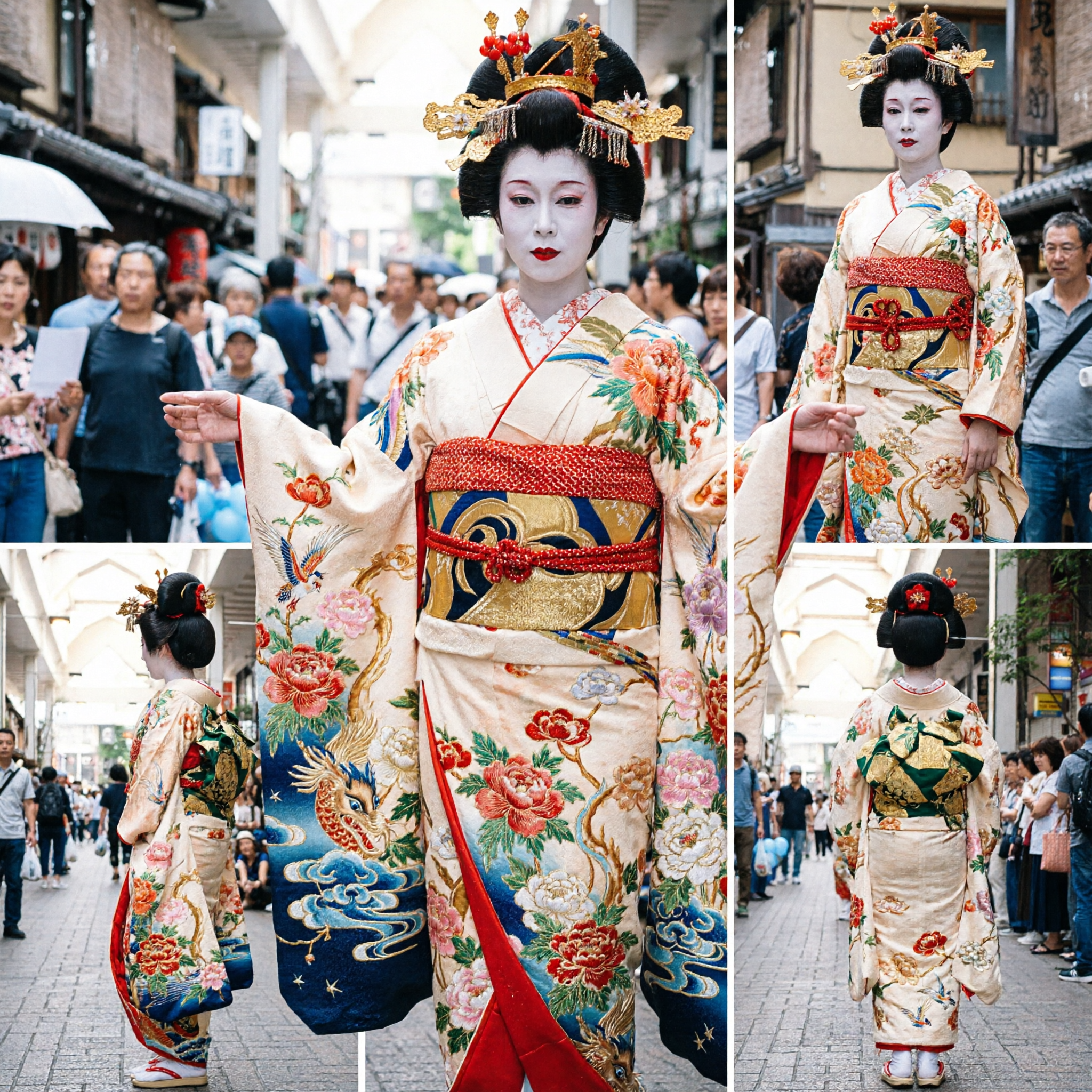Traditional Japanese Oiran and Shinzo Festival Costume Set with Phoenix Kimono and Red Umbrella for Cosplay