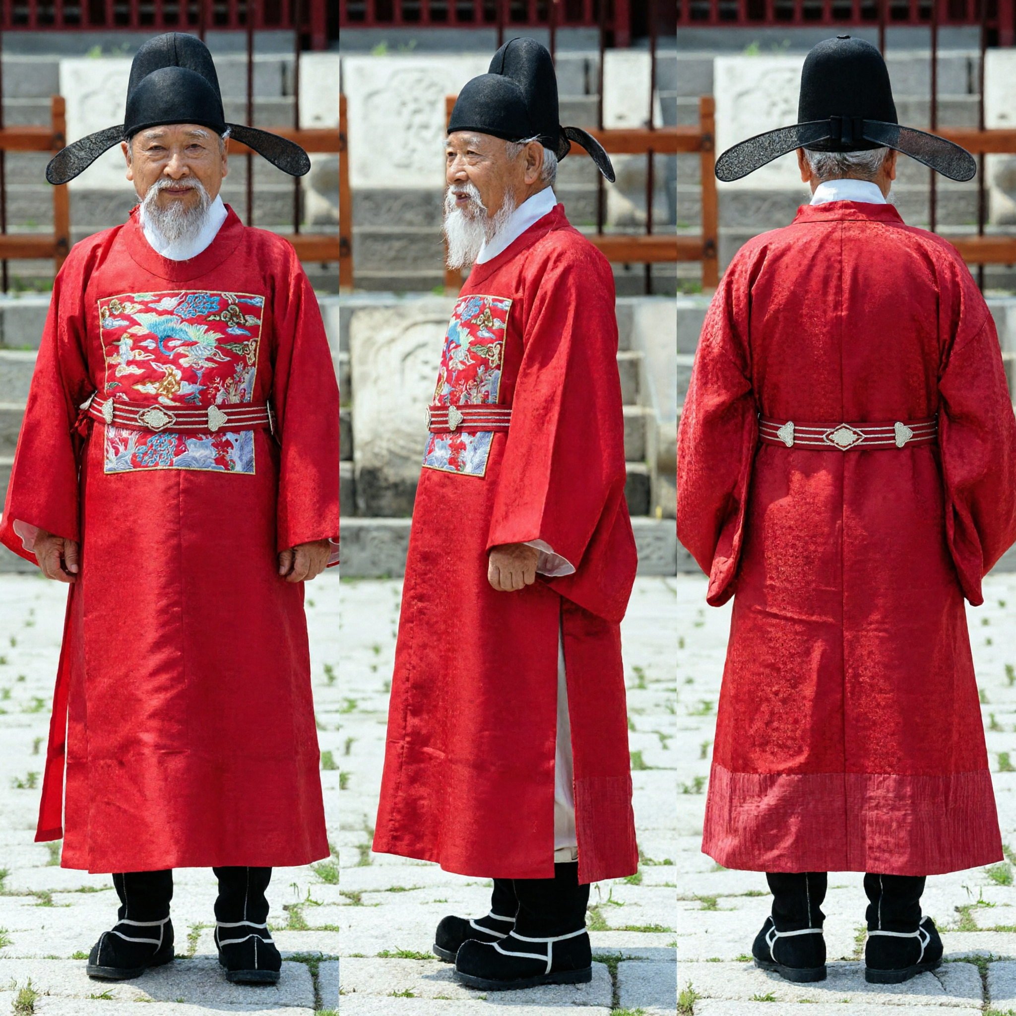 Traditional Korean Men's Red Official Hanbok Robe with Embroidered Chest Patch for Wedding Groom Costume