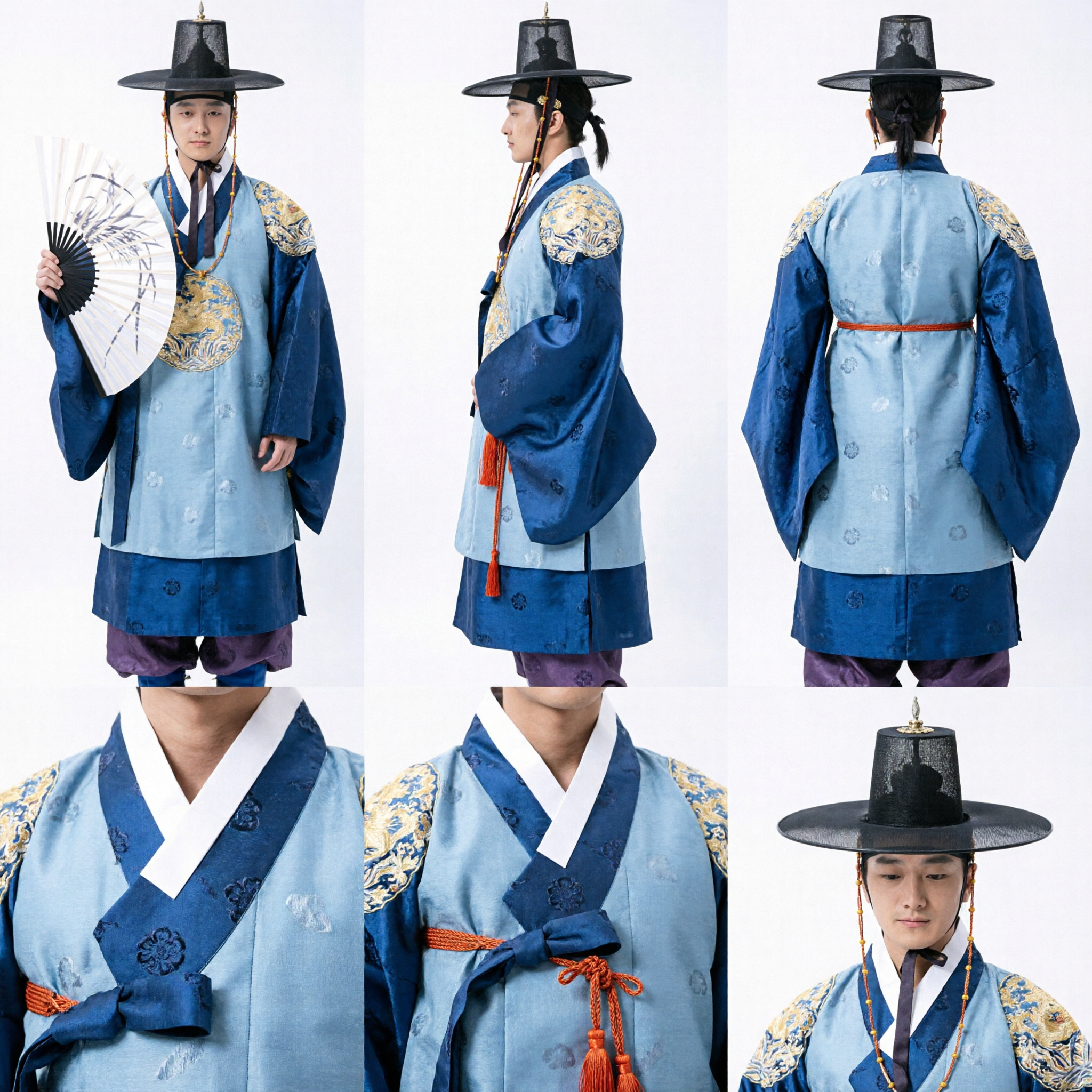 Traditional Korean Scholar Hanbok Costume for Men with Black Gat Hat and Fan for Stage Performance