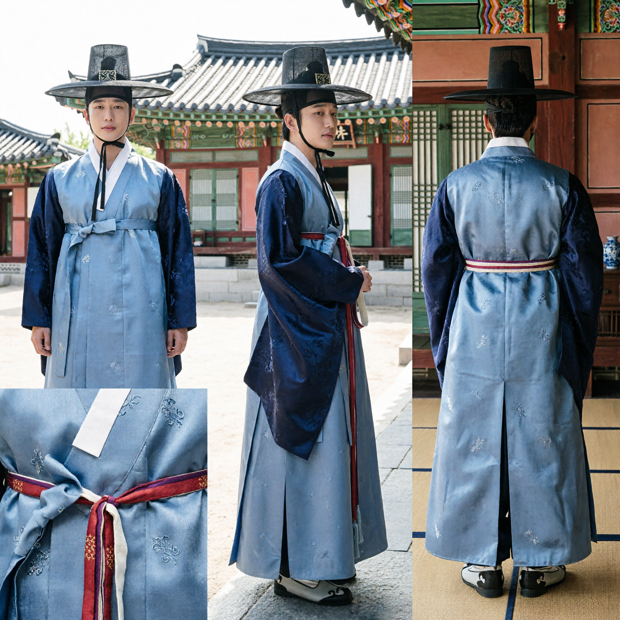 Traditional Korean Men's Hanbok Costume Blue Scholar Robe and Gat Hat for Historical Cosplay and Events