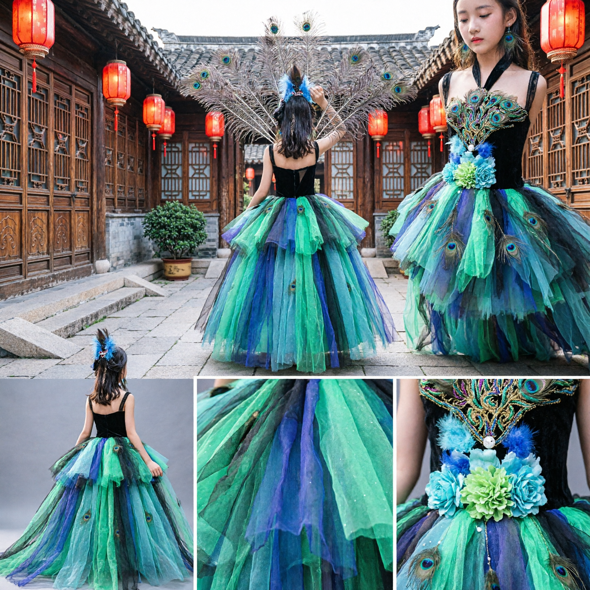 Girls Peacock Dance Costume Feather Stage Performance Dress Kids Carnival Competition Outfit