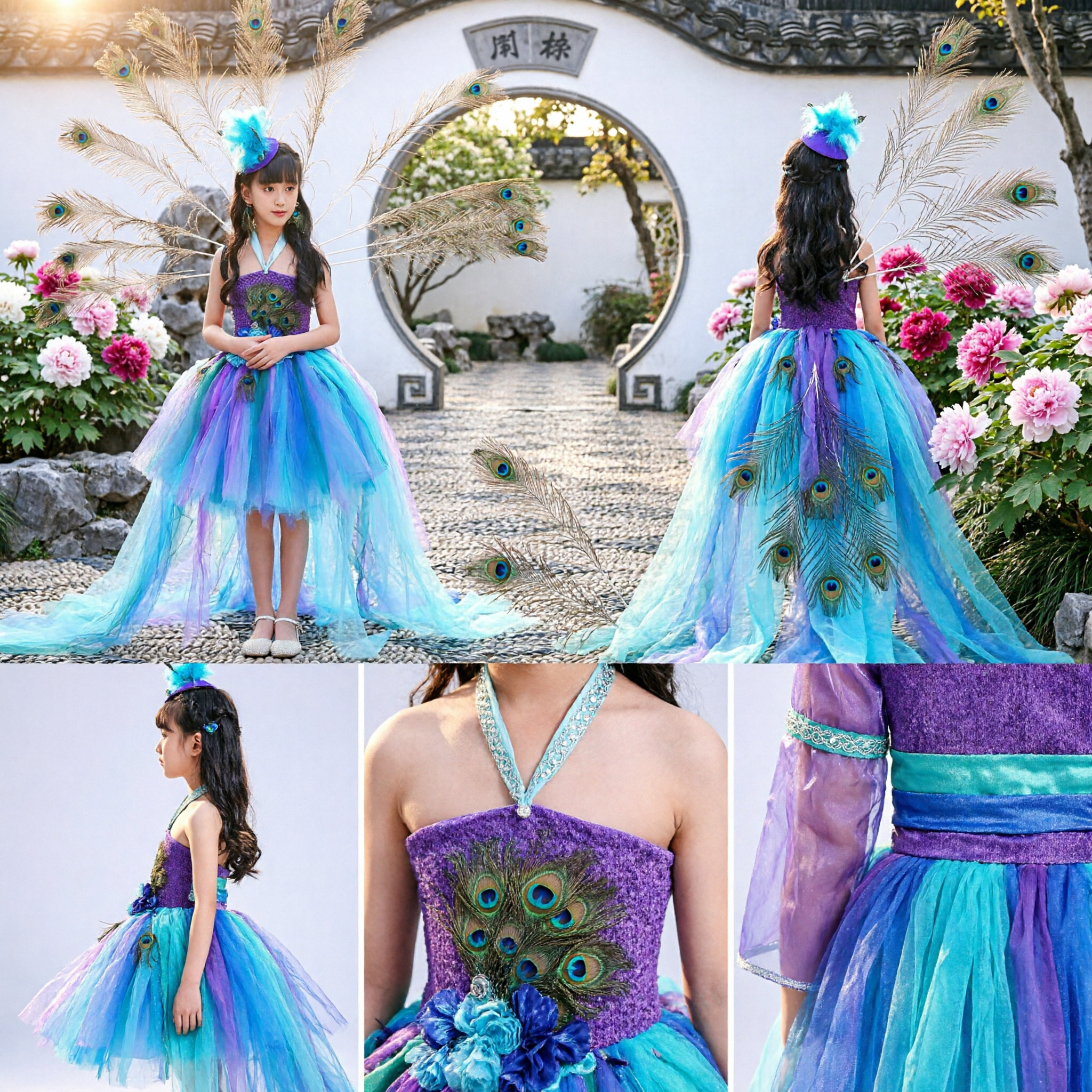 Girls Peacock Dance Costume Traditional Dai Ethnic Stage Performance Dress with Feathers and Headpiece