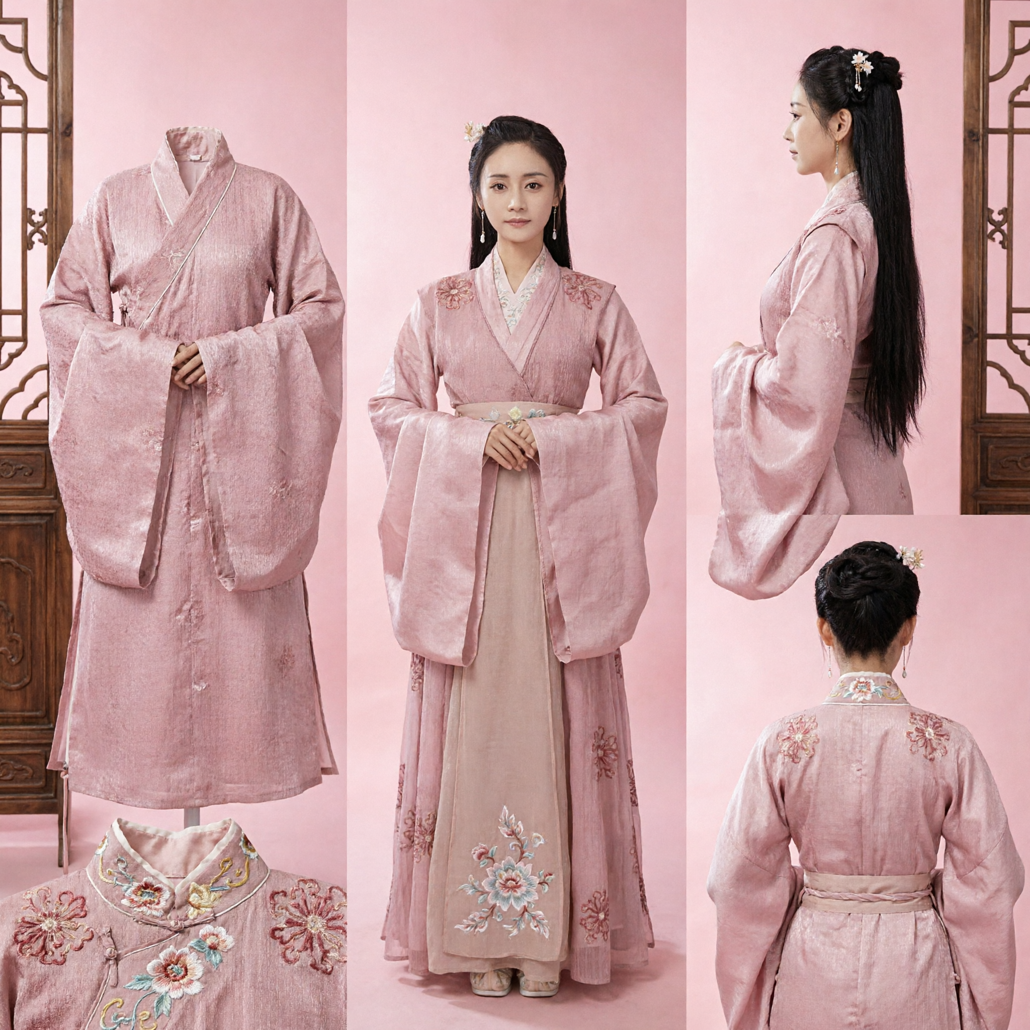 Women's Pink Traditional Chinese Hanfu Ancient Costume Embroidered Cross-Collar Robe for Cosplay and Photography