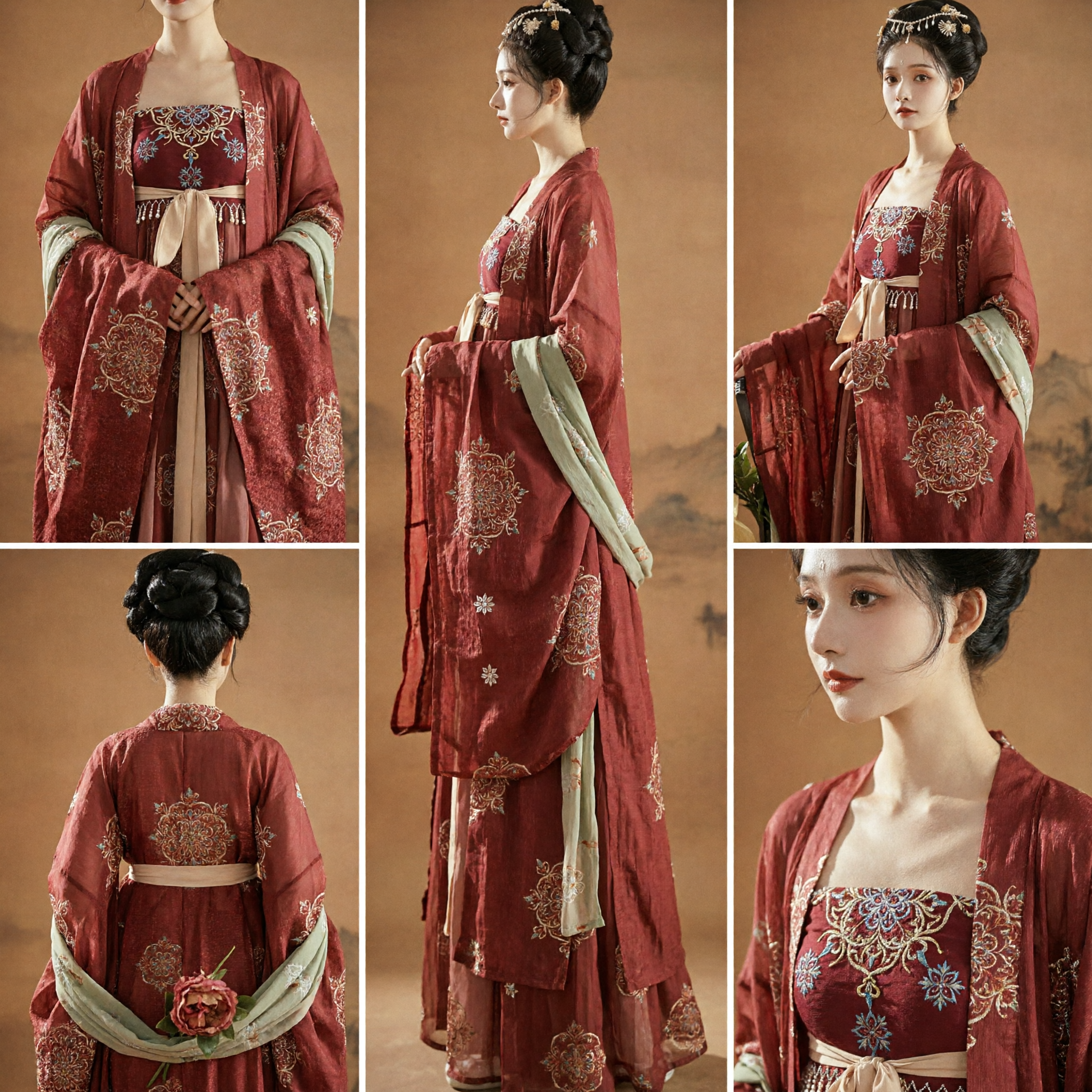 Traditional Chinese Hanfu Tang Dynasty Costume Red Embroidered Wide Sleeve Dress for Women Ancient Performance