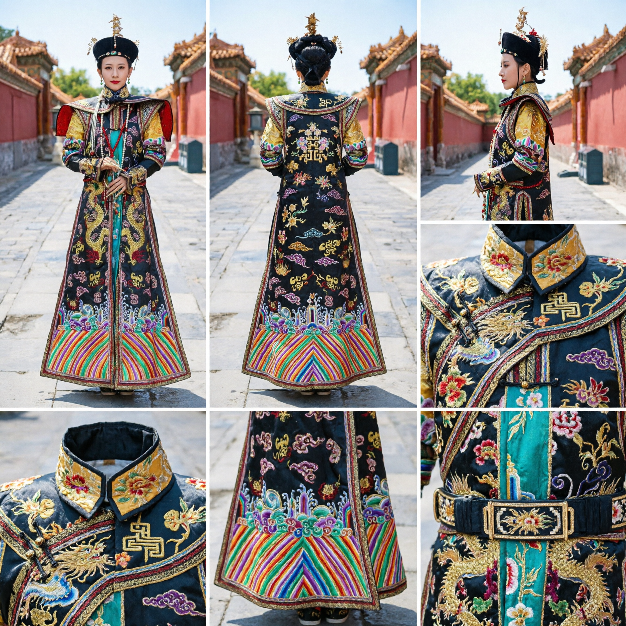Traditional Chinese Qing Dynasty Empress Dragon Robe Court Costume Black Embroidery Historical Dress for Women