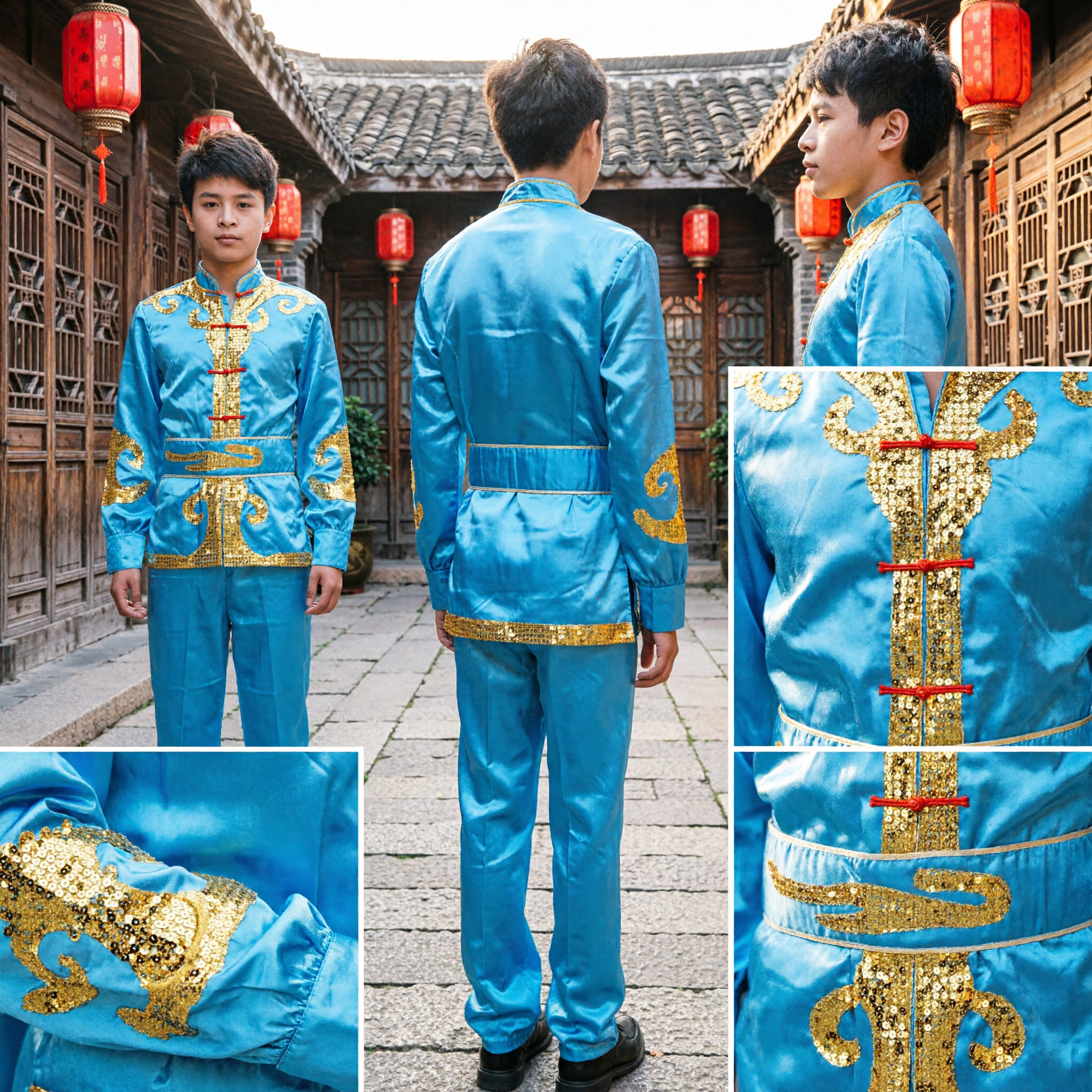 Men's Blue Satin Traditional Chinese Kung Fu Uniform Gold Embroidery Tang Suit for Performance