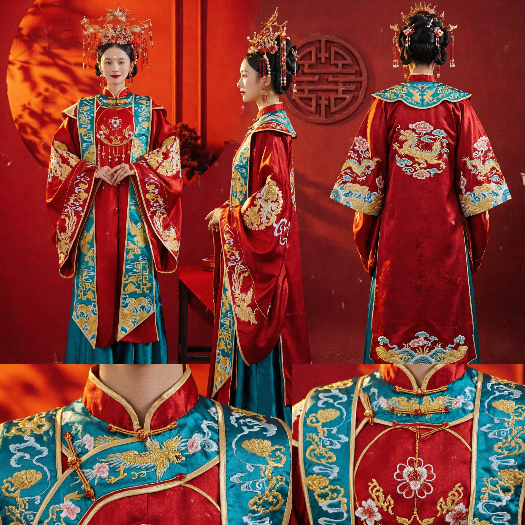 Traditional Chinese Xiuhe Wedding Dress Ancient Bride Costume Red Embroidered Robe with Phoenix Crown Set