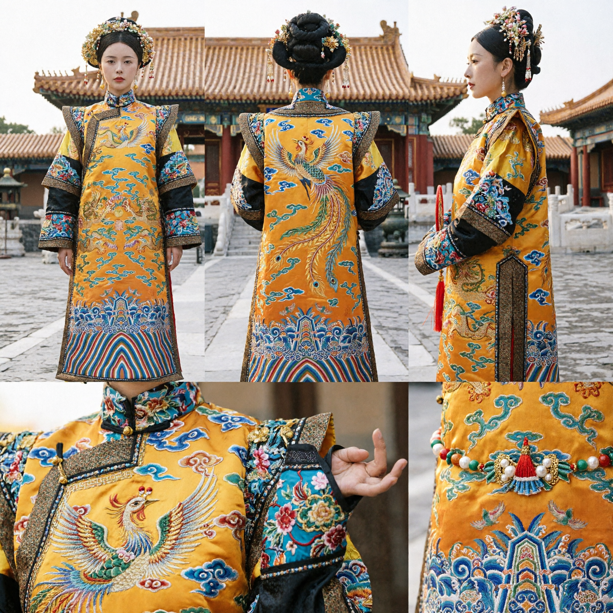 Traditional Chinese Qing Dynasty Empress Yellow Dragon Robe Ancient Imperial Court Dress Costume for Women Performance