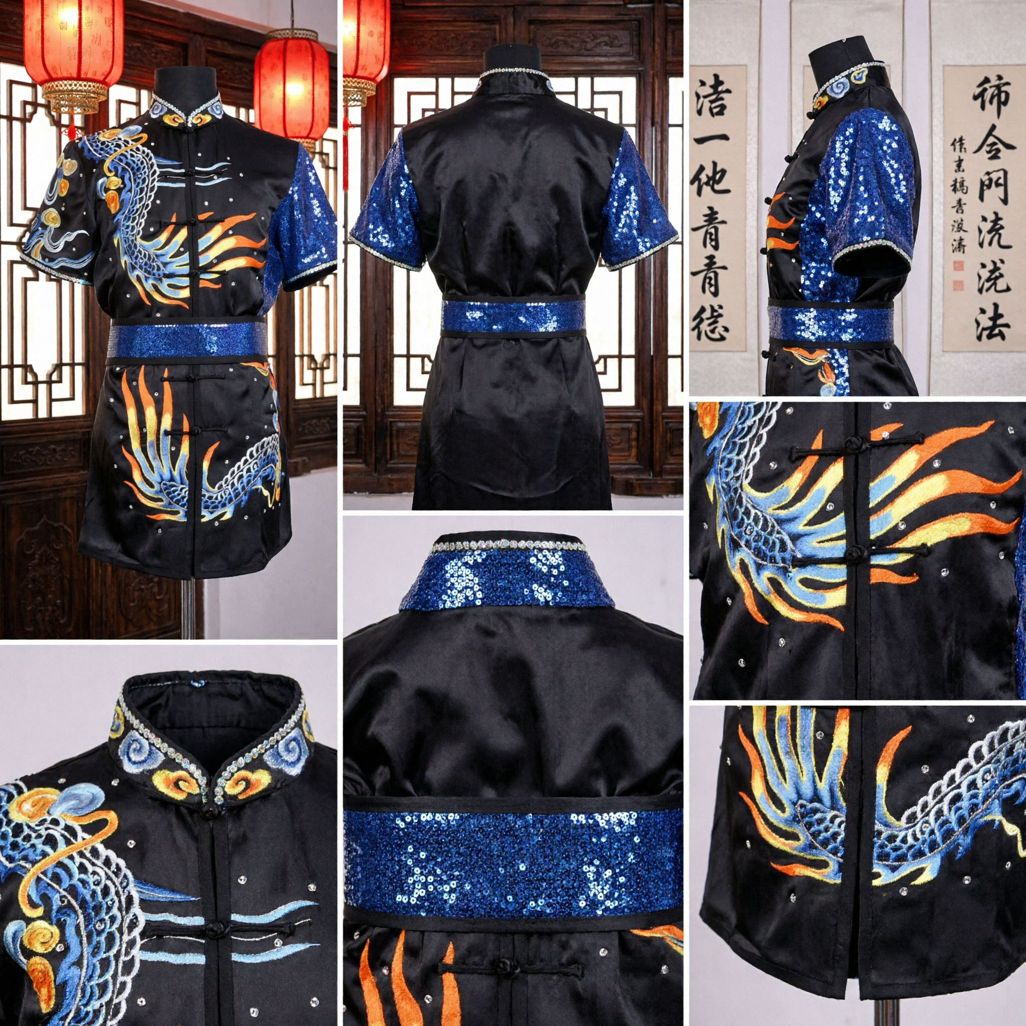 Traditional Chinese Dragon Embroidery Kung Fu Uniform Wushu Martial Arts Stage Performance Costume for Men