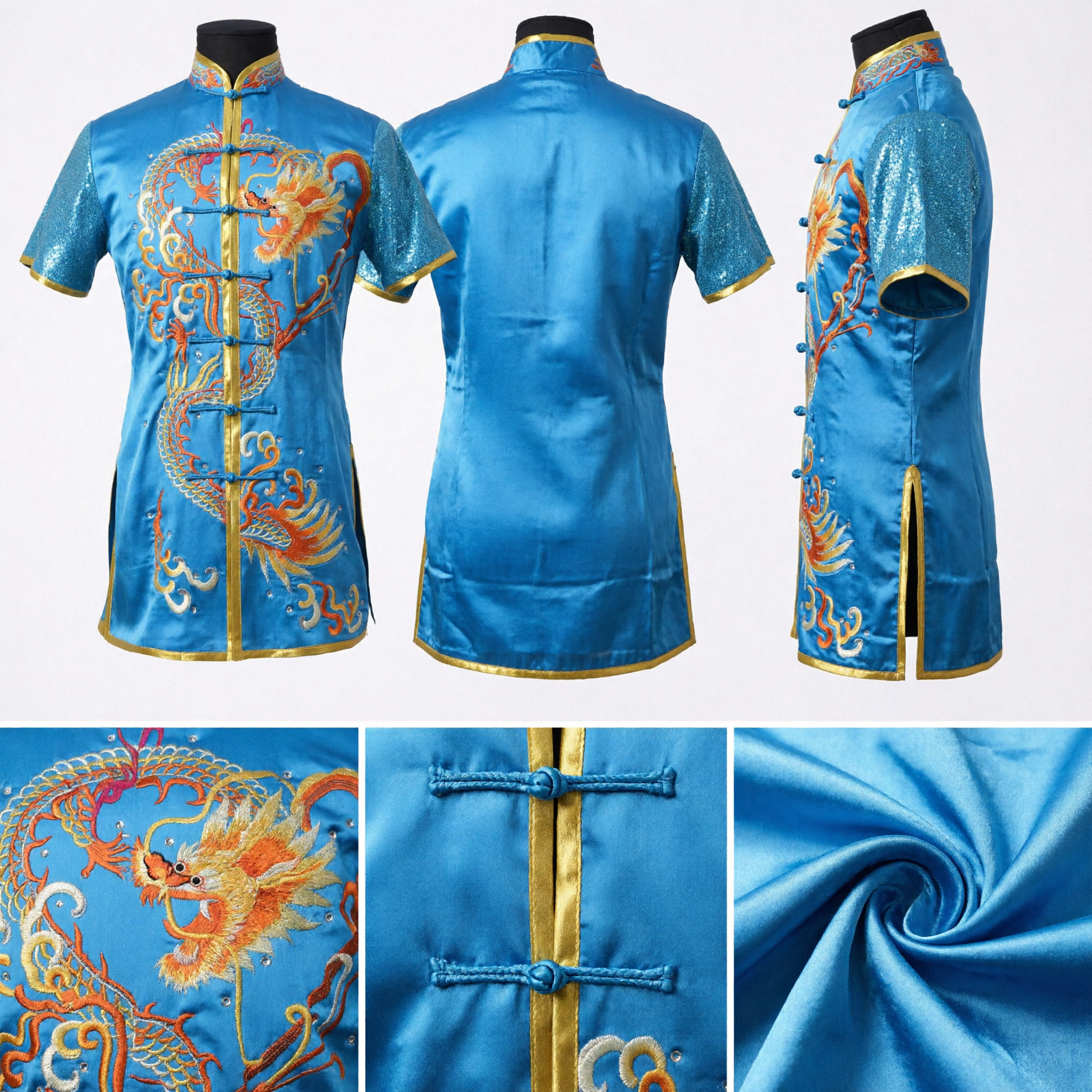 Traditional Blue Chinese Dragon Embroidery Kung Fu Uniform Short Sleeve Wushu Performance Costume for Men