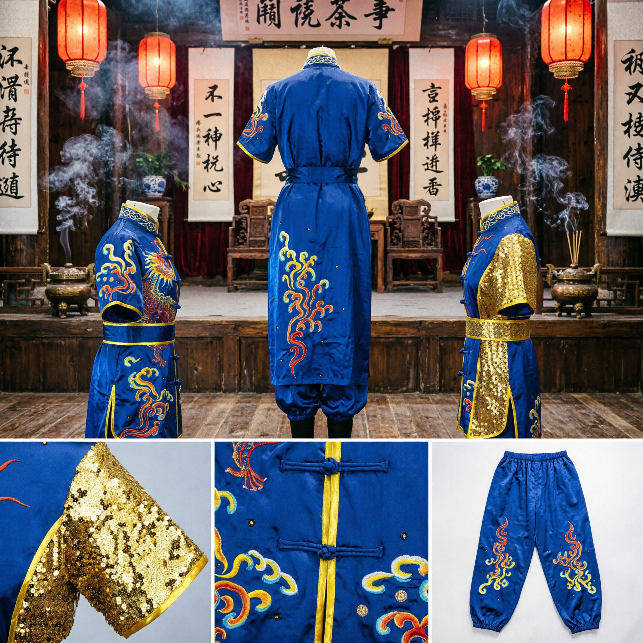 Traditional Chinese Kung Fu Uniform Blue Dragon Embroidery Gold Sequin Martial Arts Performance Costume for Men